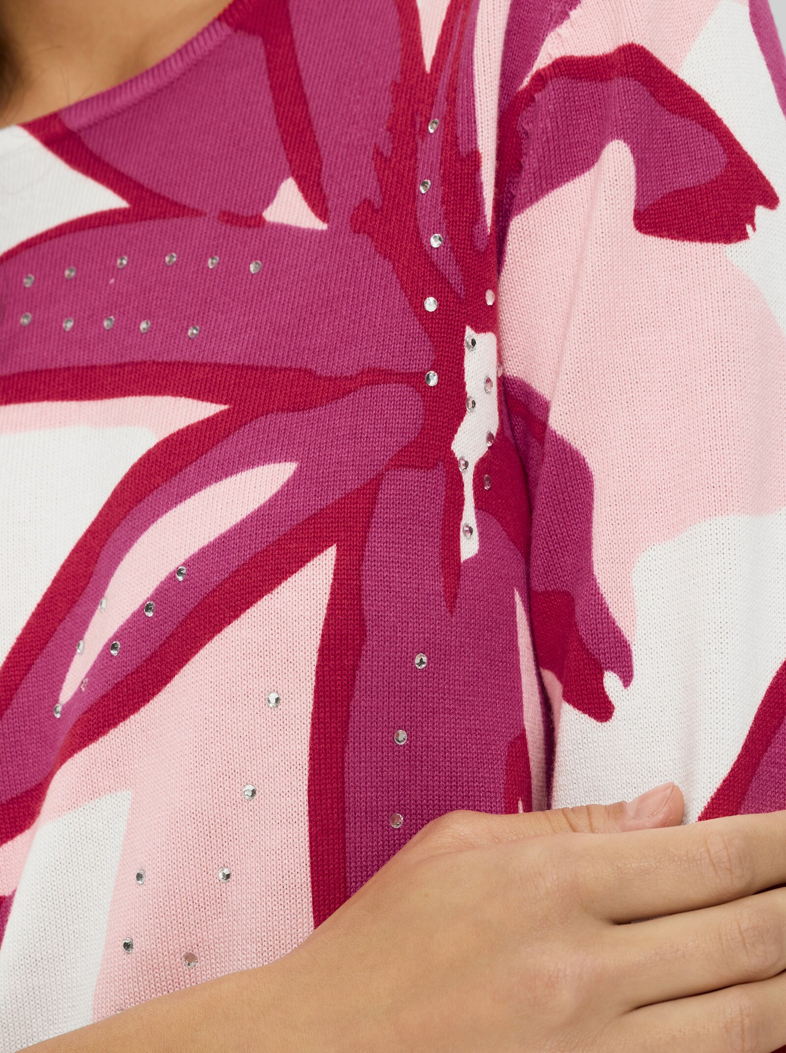 3/4-Arm-Pullover mit Glitzersteinchen - weiß-fuchsia-bedruckt