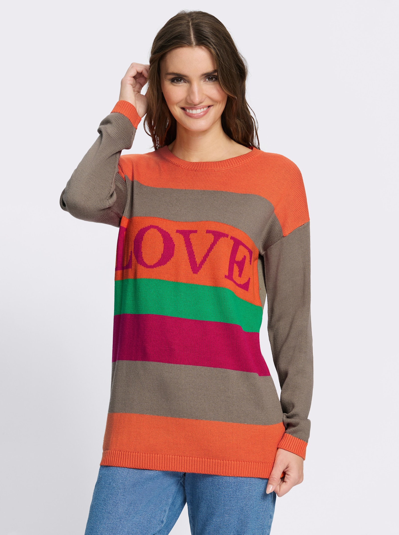 Longpullover mit Blockstreifen - taupe-orange-gestreift