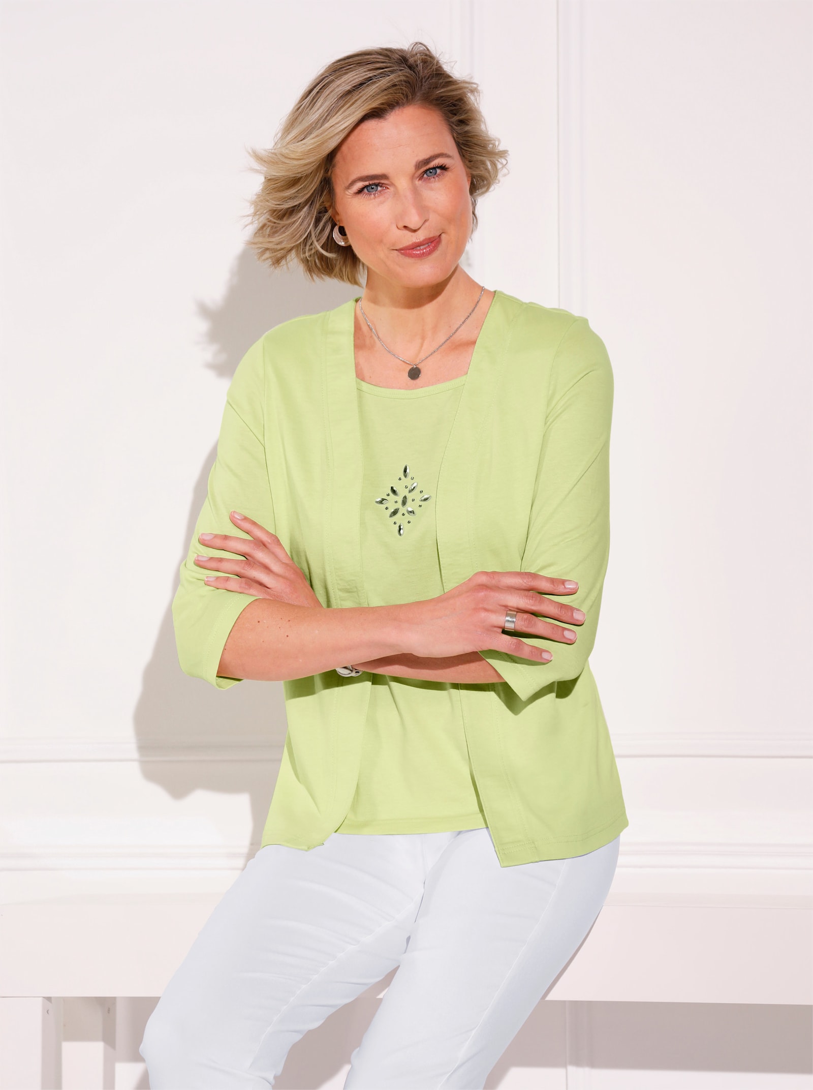 2-in-1-Shirt mit Einsatz vorne - pistazie