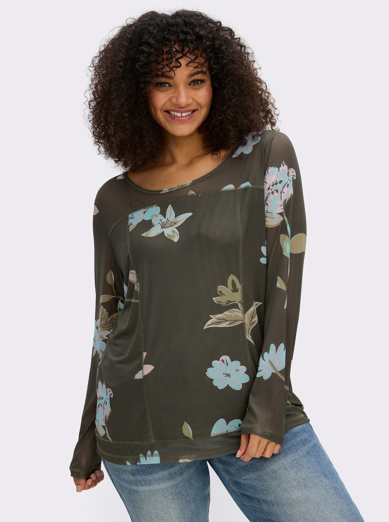 sheego by Joe Browns Langarmshirt mit Blumendruck - moos-ecru-gemustert