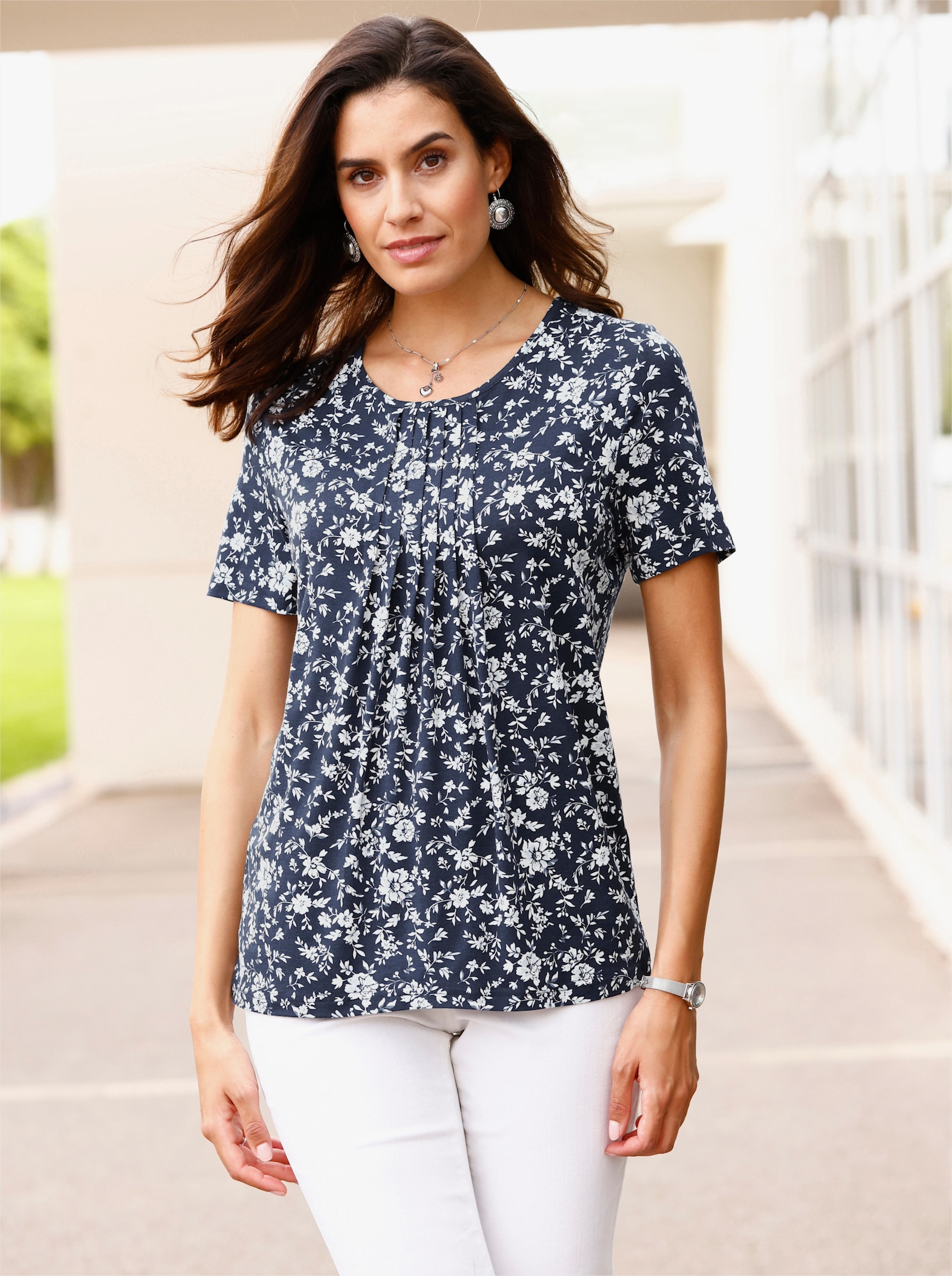 Tunikashirt mit Blümchen-Druck - marine-bedruckt