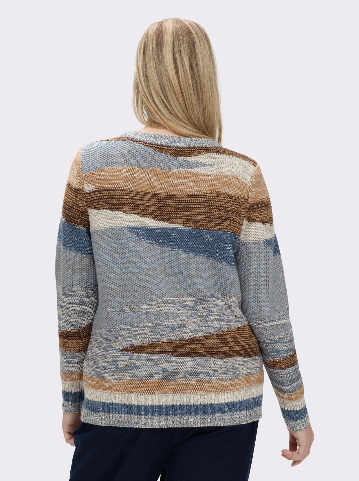 Strickpullover mit farbigen Rippbündchen - jeansblau-taupe-gemustert