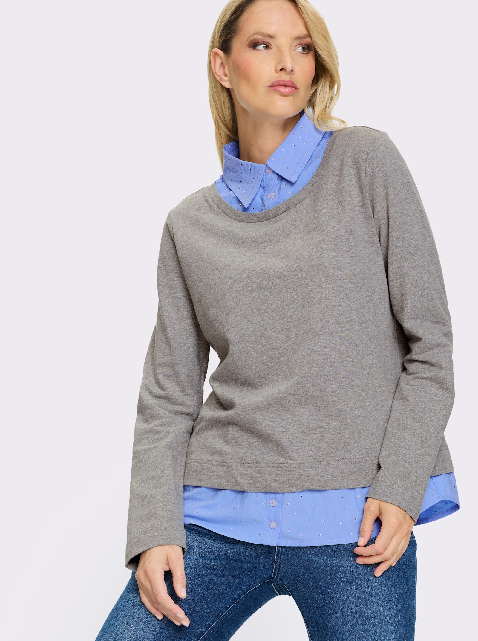 heine Sweatshirt mit Bluseneinsatz - grau-himmelblau-meliert