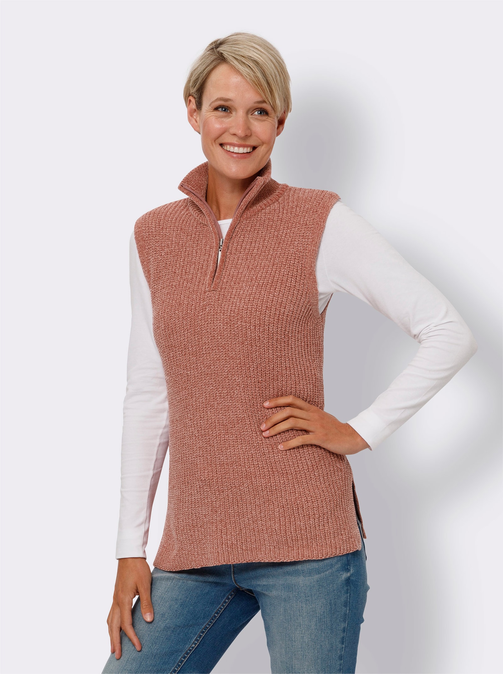 Pullunder mit Stehkragen und Reißverschluss - rosenholz