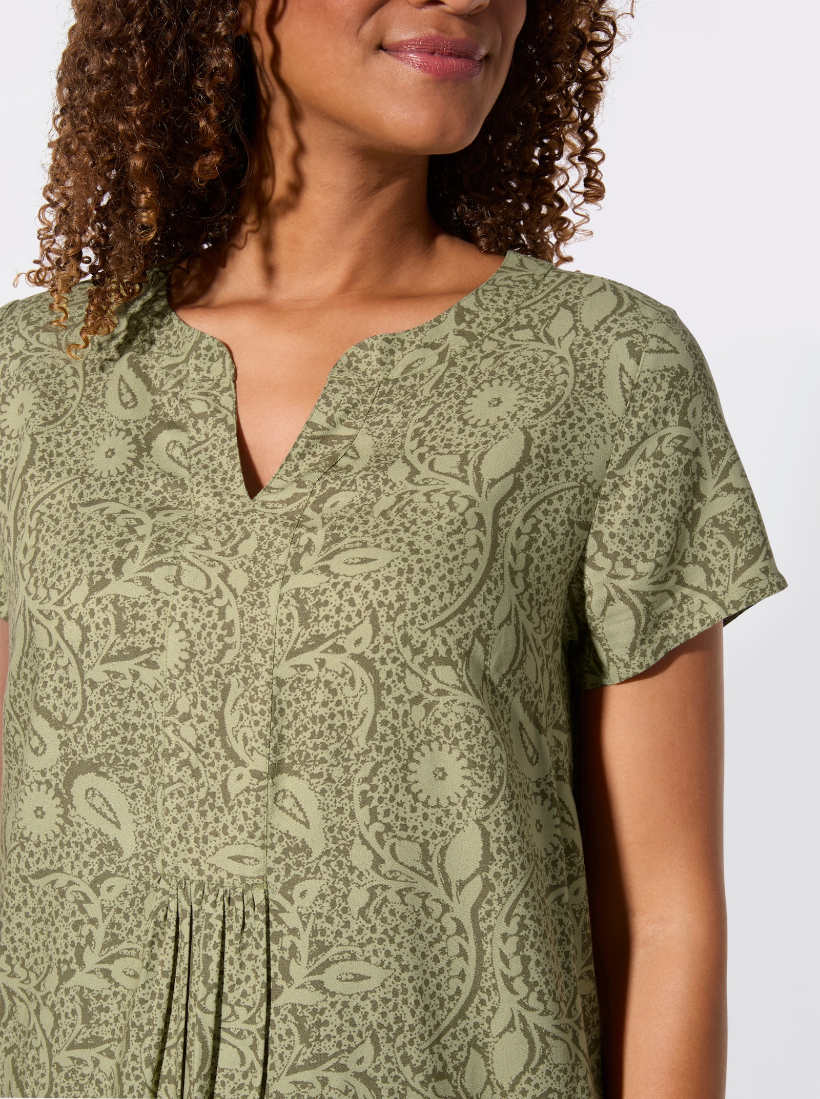 Webkleid in A-Form - schilf-khaki-bedruckt