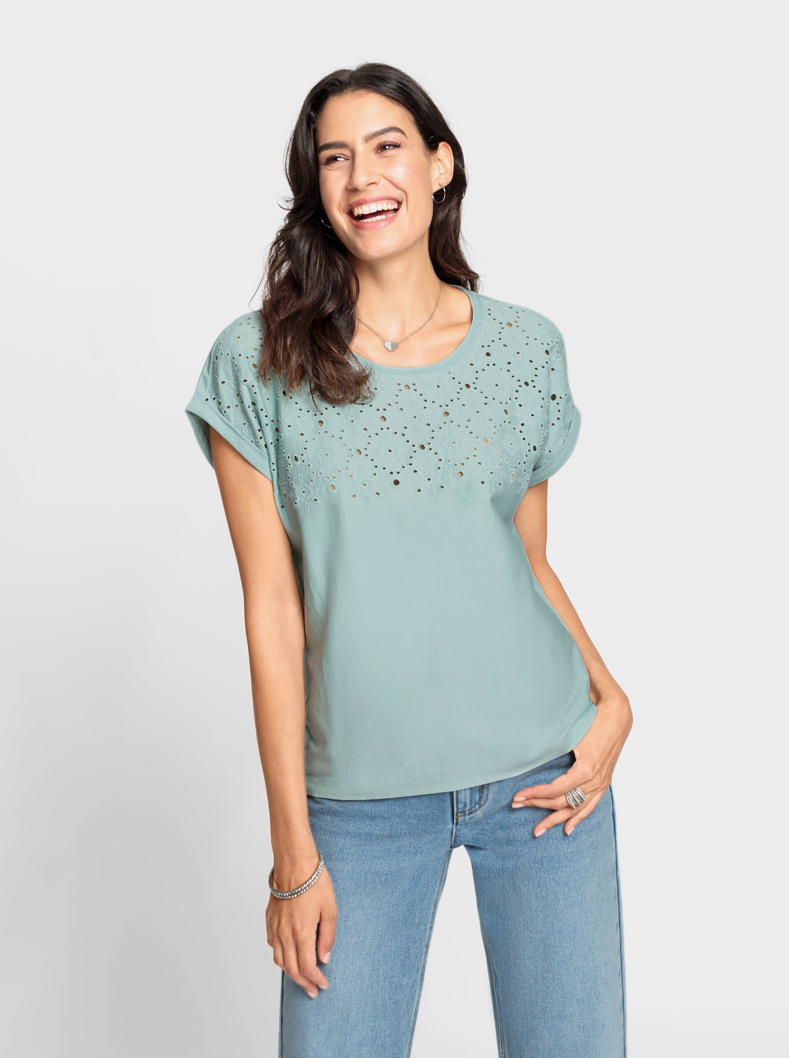 Shirt met ronde hals en ajourwerk - kalkmint