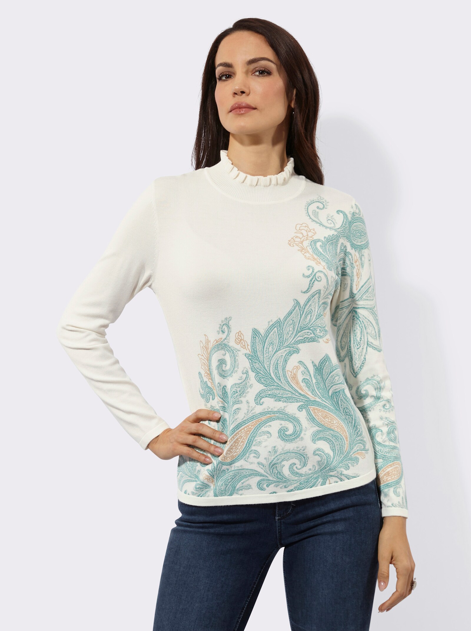 Langarm-Pullover mit einfarbigem Rückenteil - ecru-salbei-bedruckt