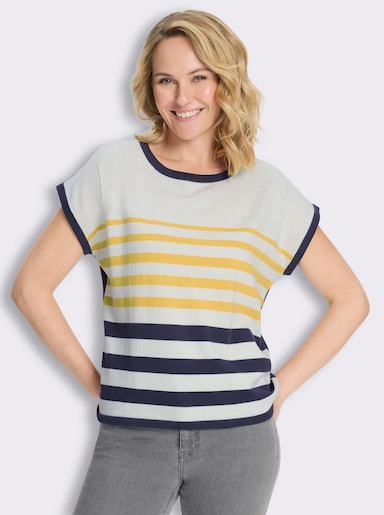 Kurzarmpullover aus reiner Baumwolle, gestreift - gelb-marine-geringelt