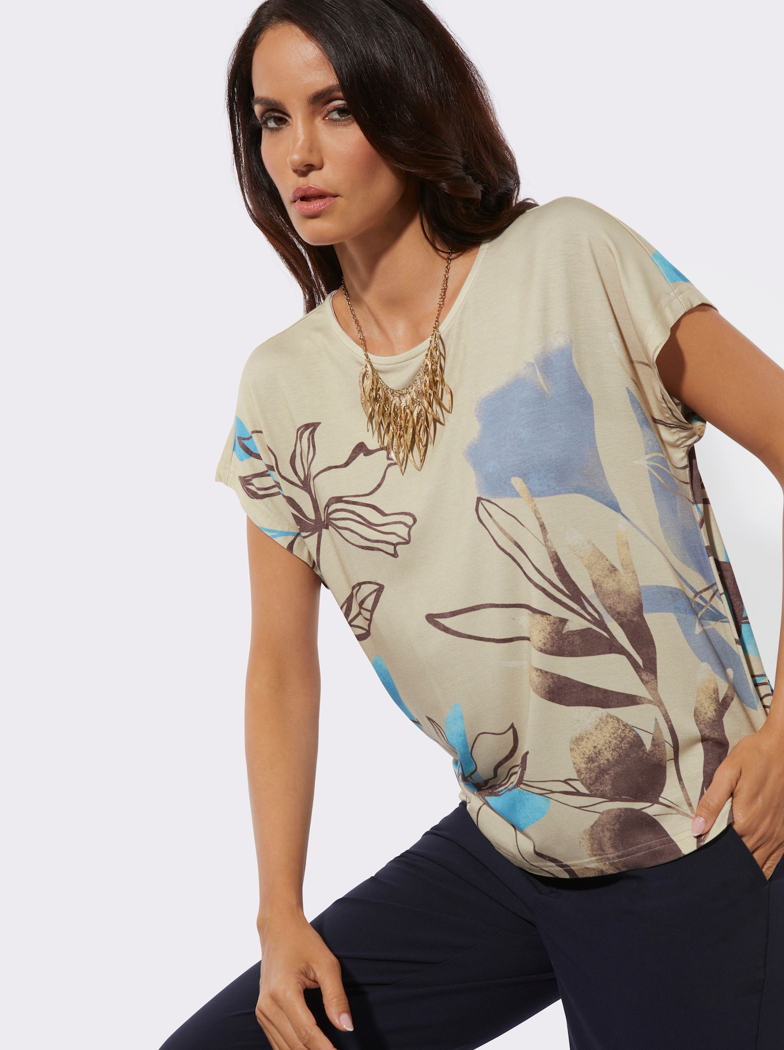 Shirt met print en oversized schouders - zand/bleu bedrukt