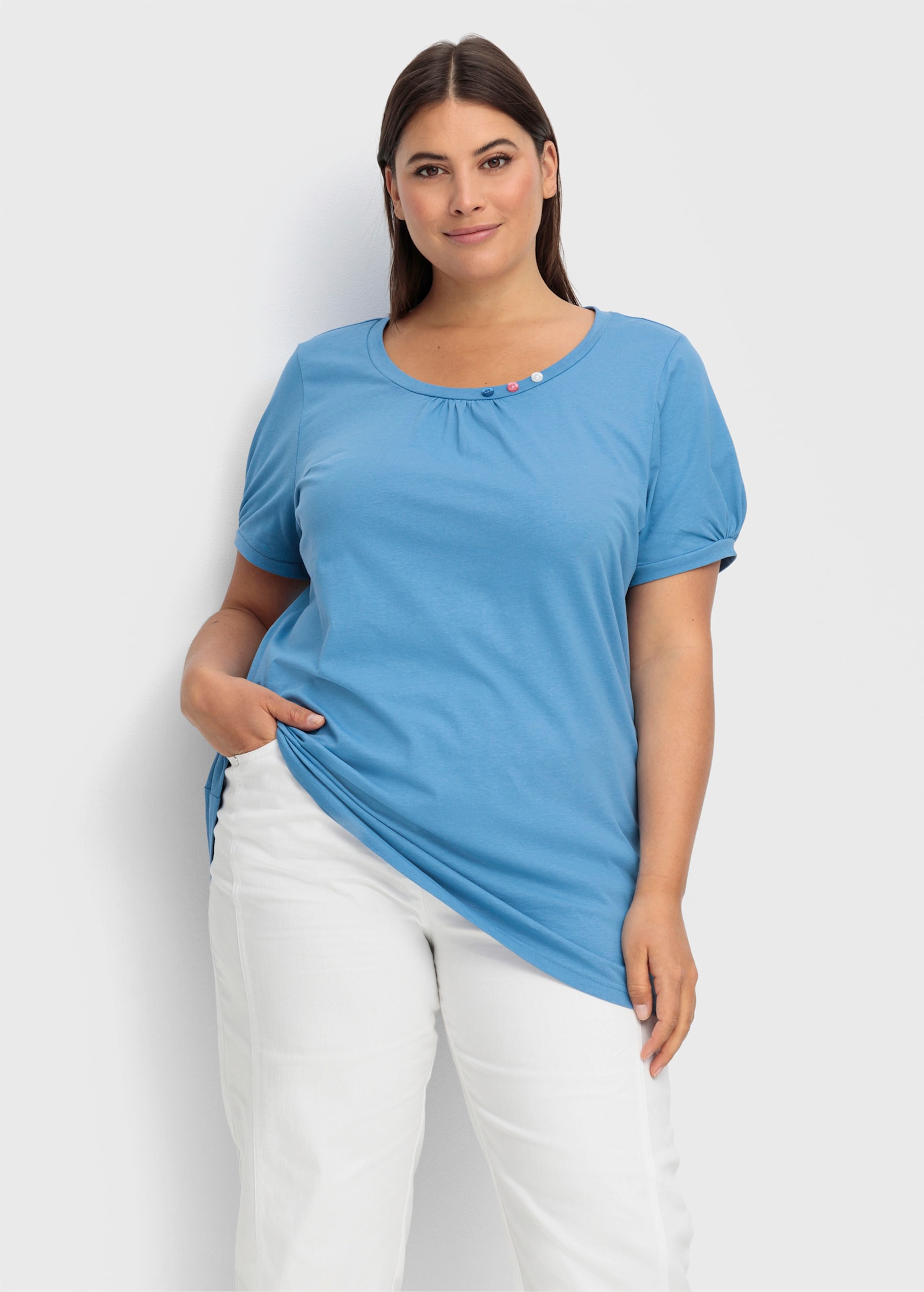 Longshirt mit gerafftem Ausschnitt - mittelblau