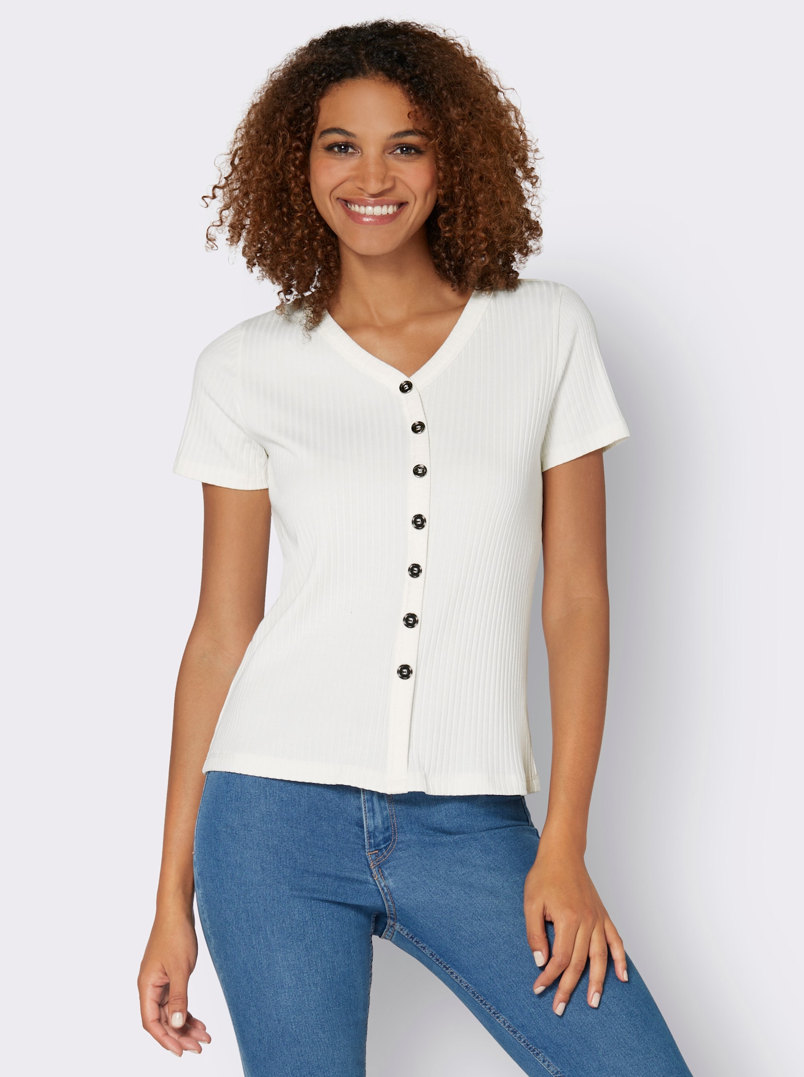 Kurzarmshirt in elastischer Ripp-Qualität - ecru