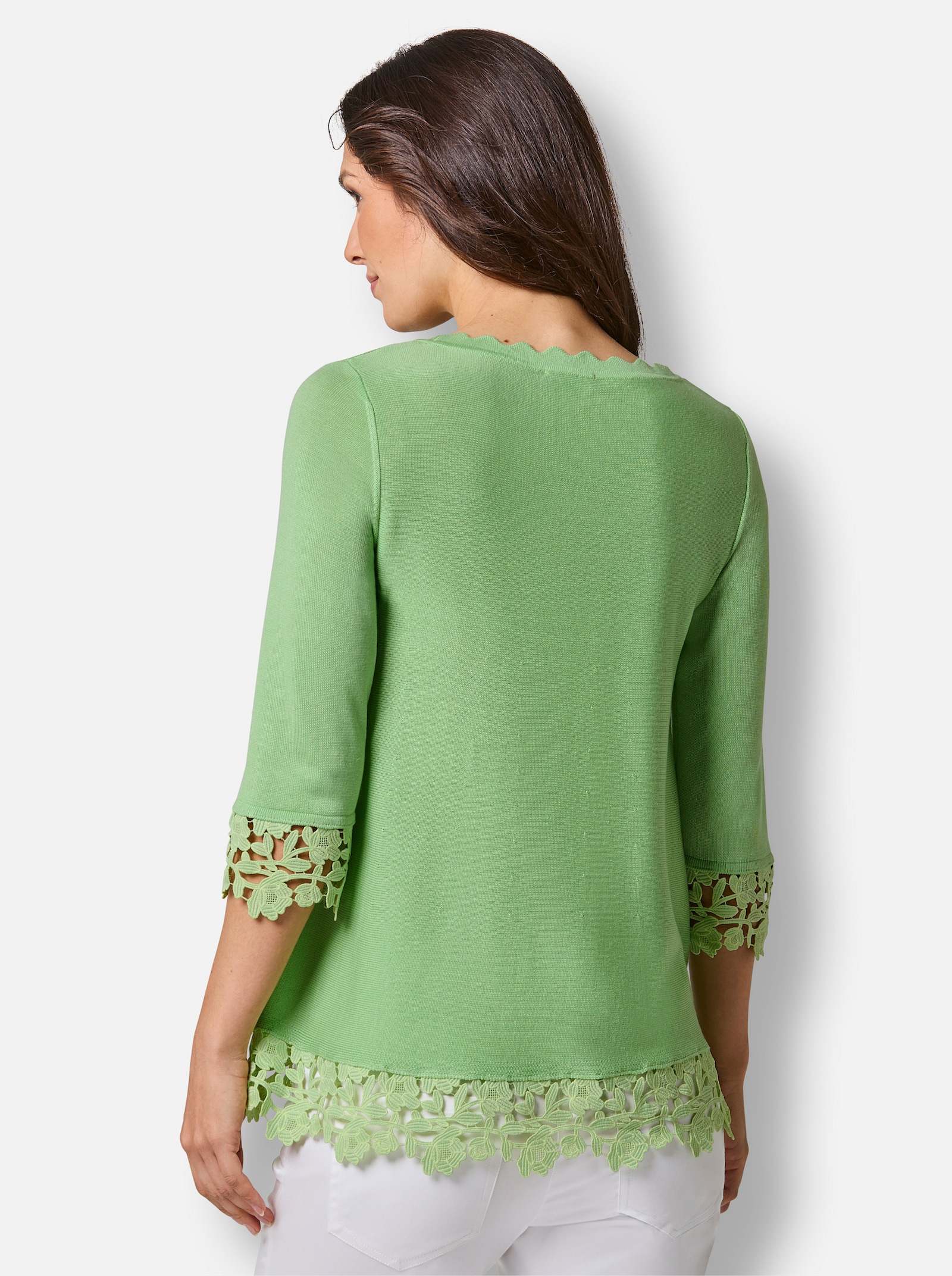 CREATION L PREMIUM Feinstrickpullover mit breitem Spitzenabschlusss - reseda