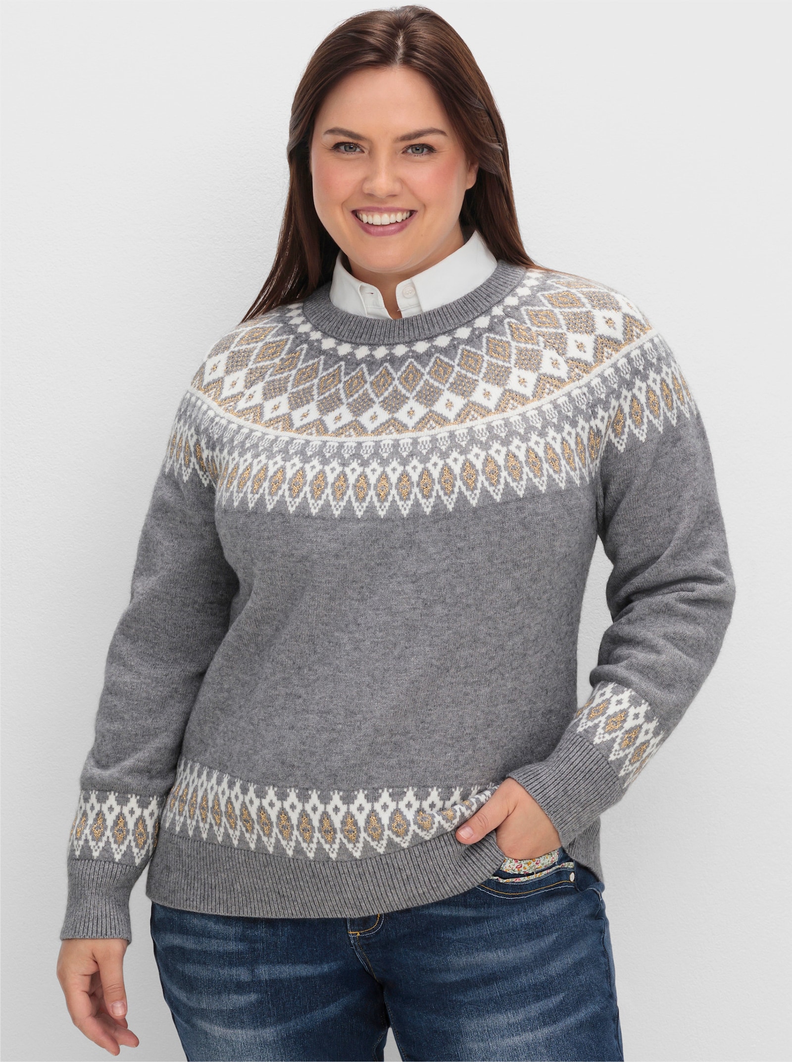 sheego by Joe Browns Jacquard-Pullover mit goldfarbenem Glanzgarn - grau meliert
