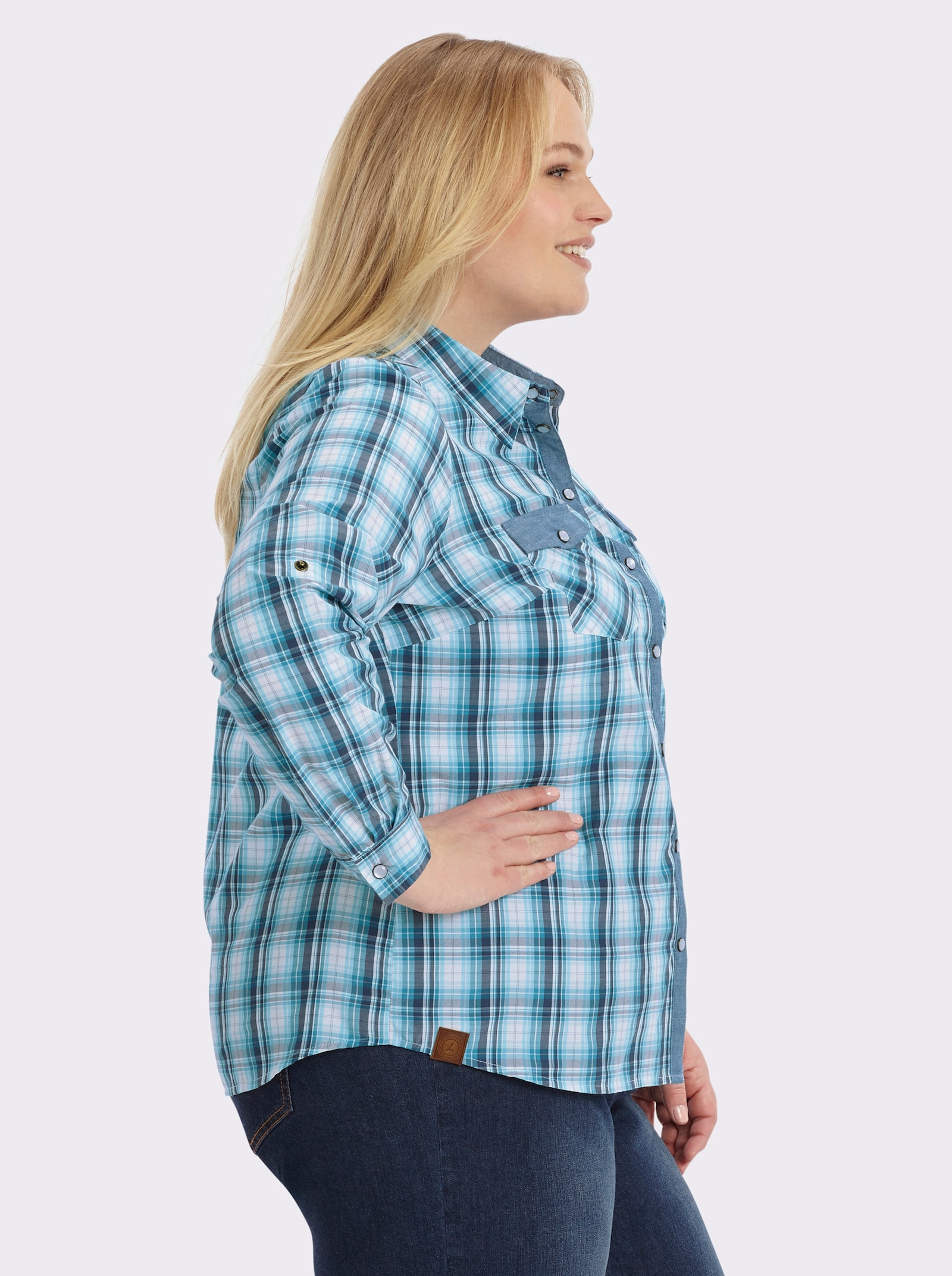 Karobluse mit aufgesetzten Brusttaschen - türkis-weiß-kariert