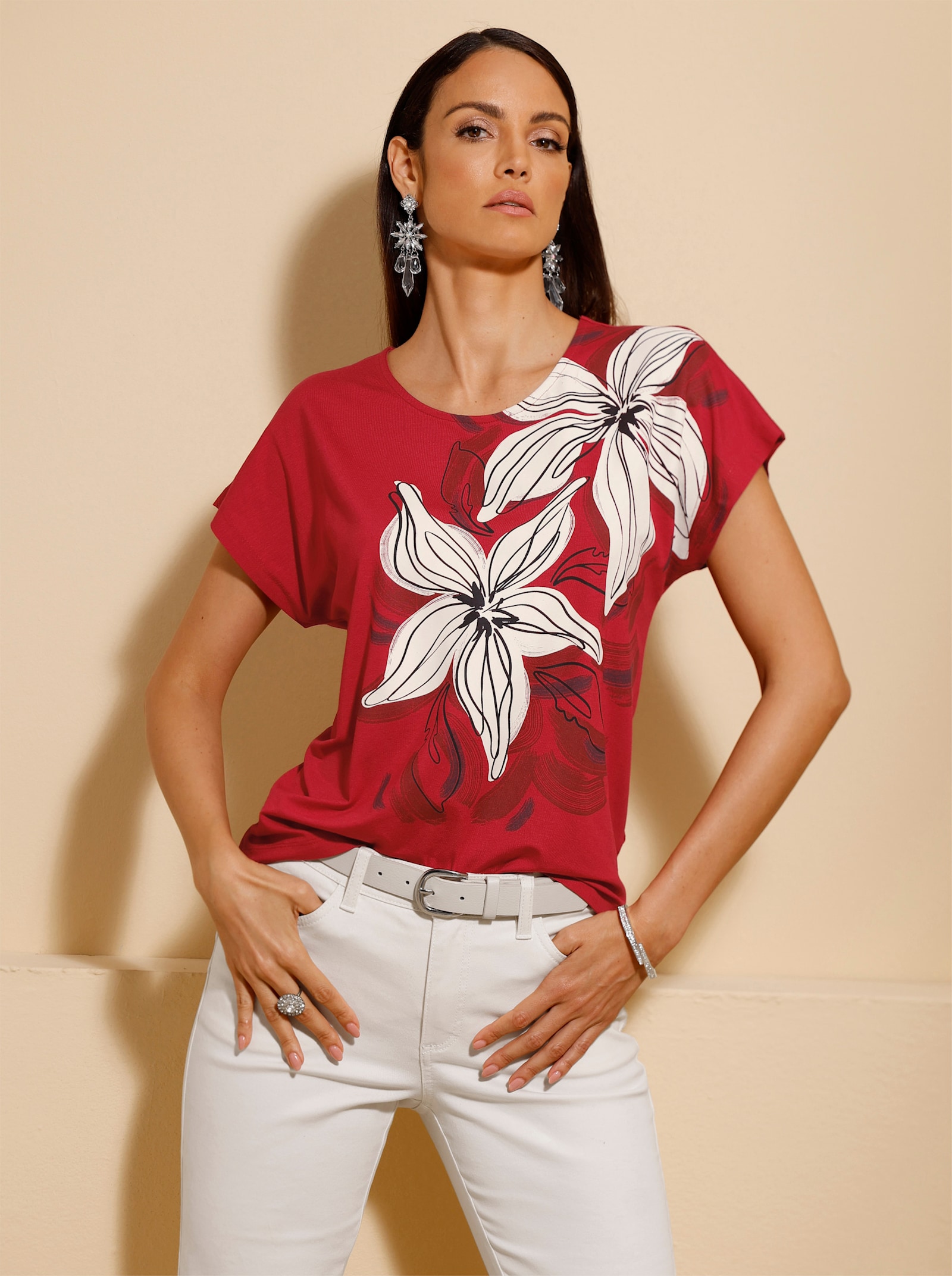  Print-Shirt in Stretch-Qualität - rot-champagner-bedruckt