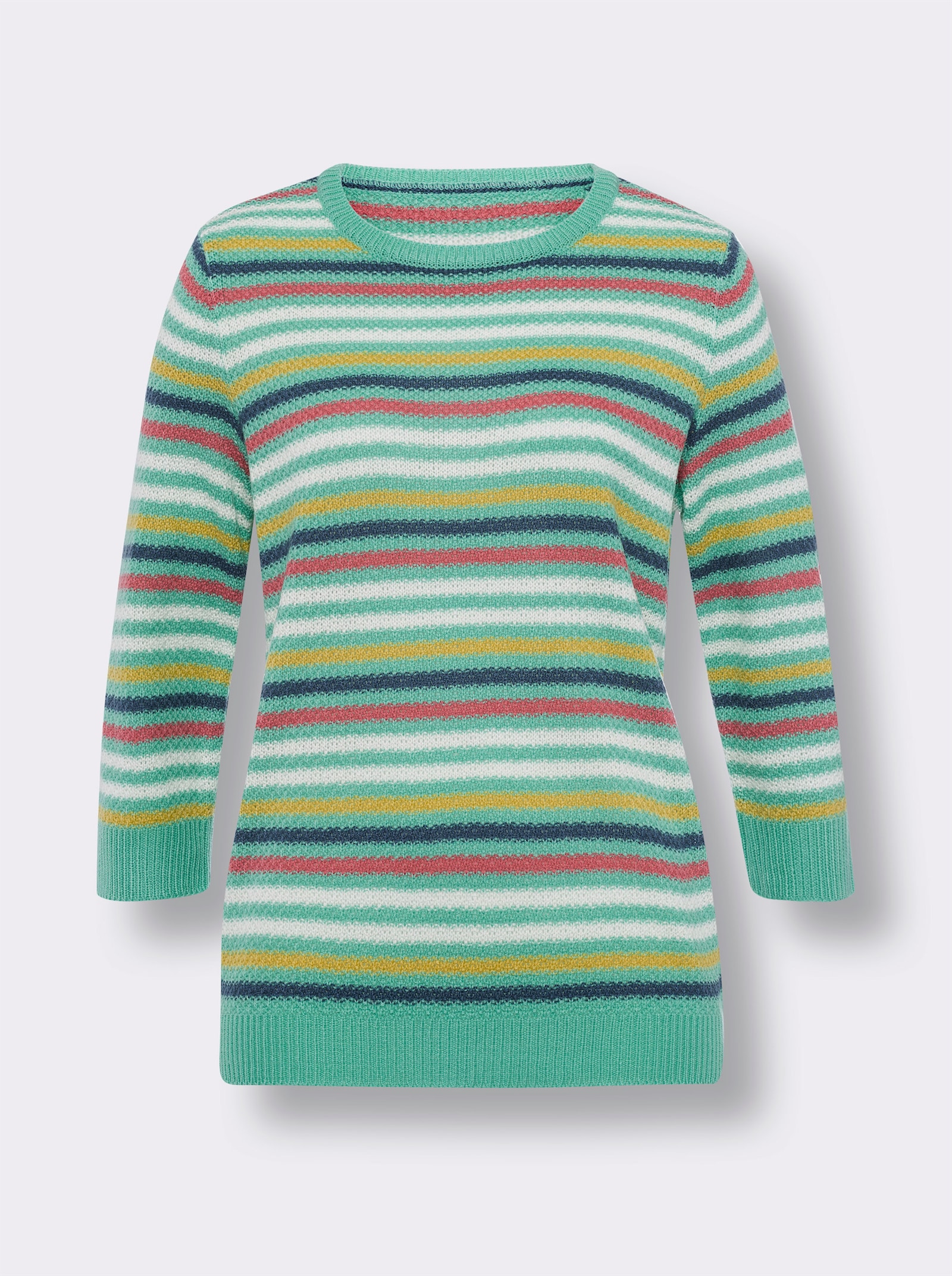 Proužkovaný svetr s ažurovými prvky - modrozelená-ecru-proužek