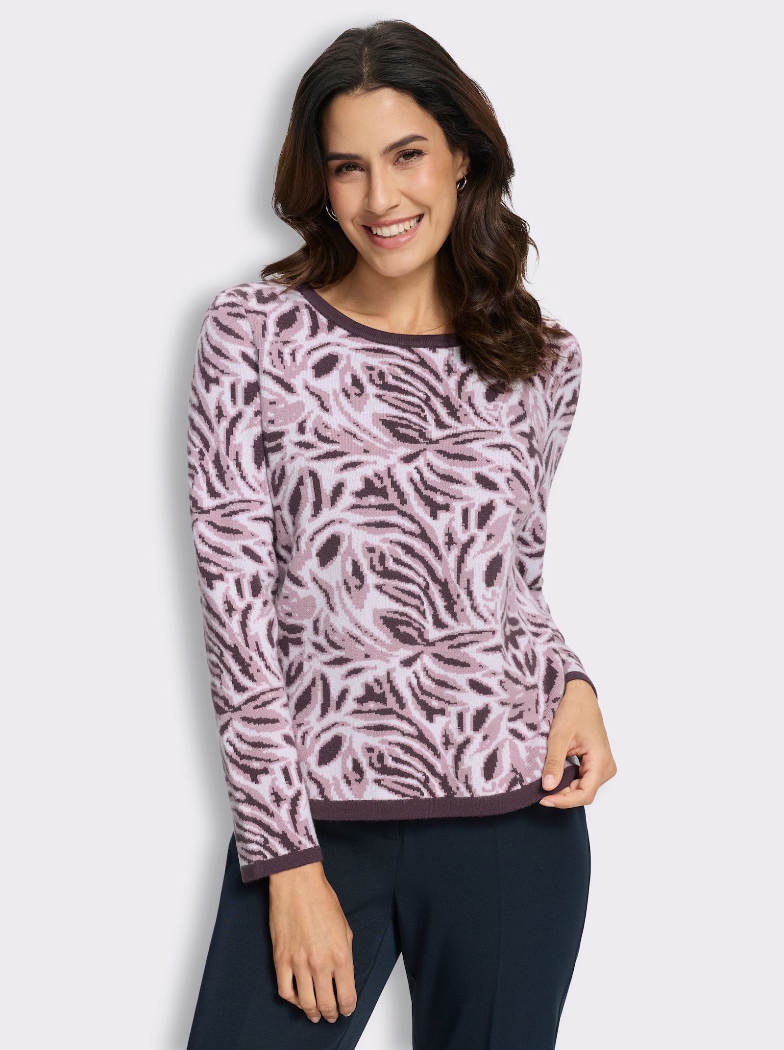 Jacquard-Pullover mit floralem Muster - aubergine-ecru-gemustert