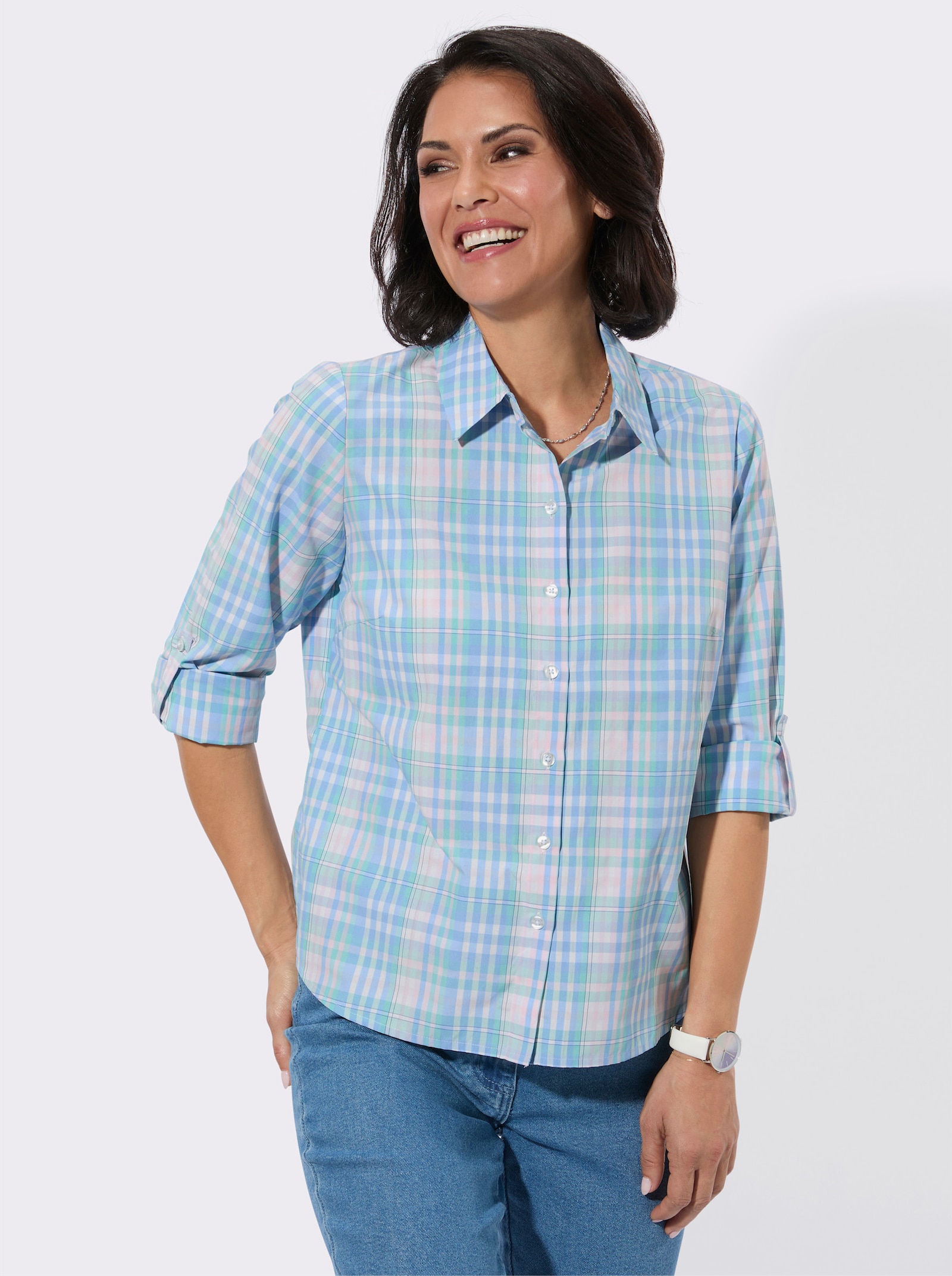 Karobluse mit Hemdkragen - hellrosé-eisblau-kariert