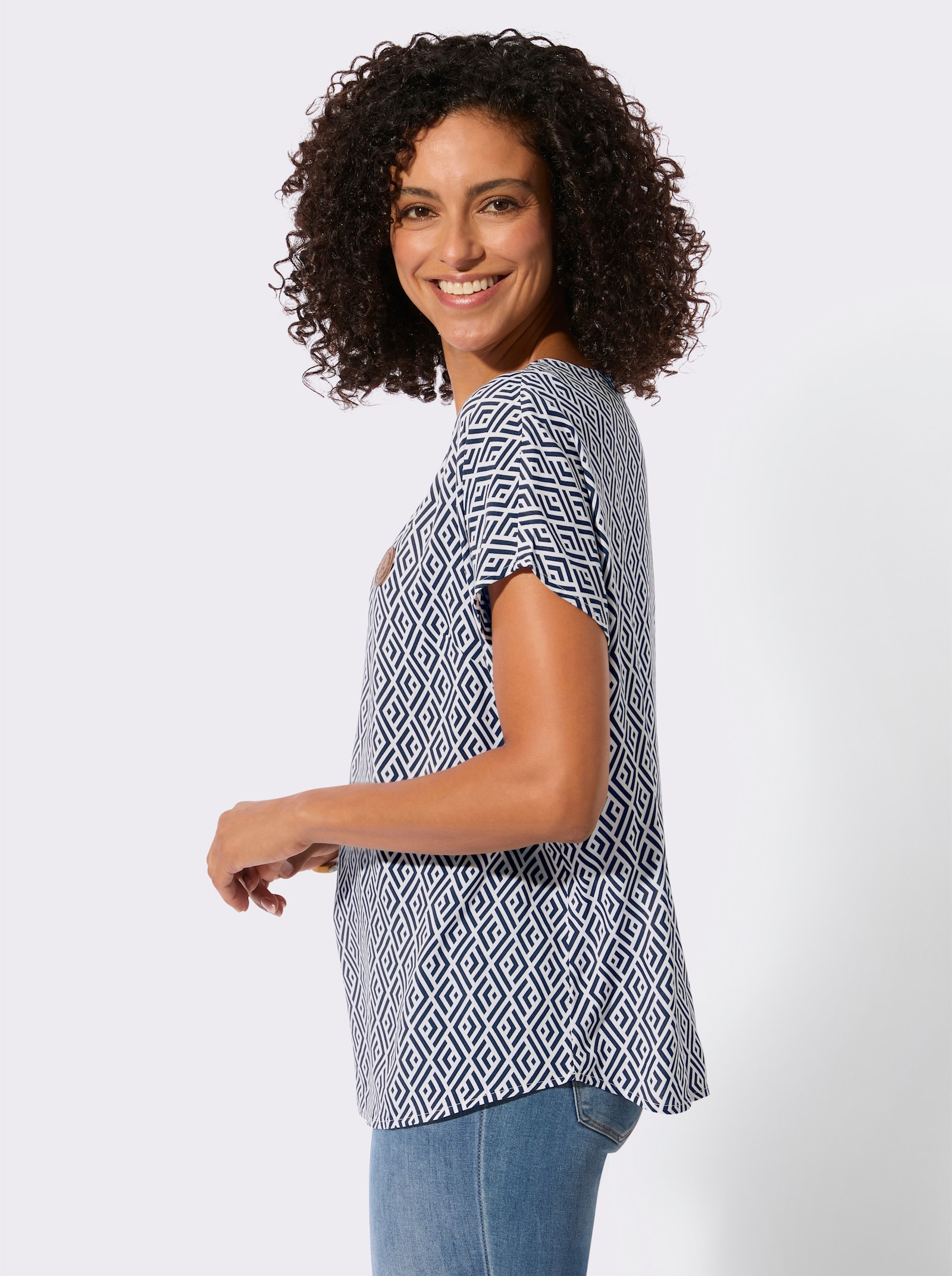 Druckbluse aus reiner Viskose - ecru-marine-bedruckt