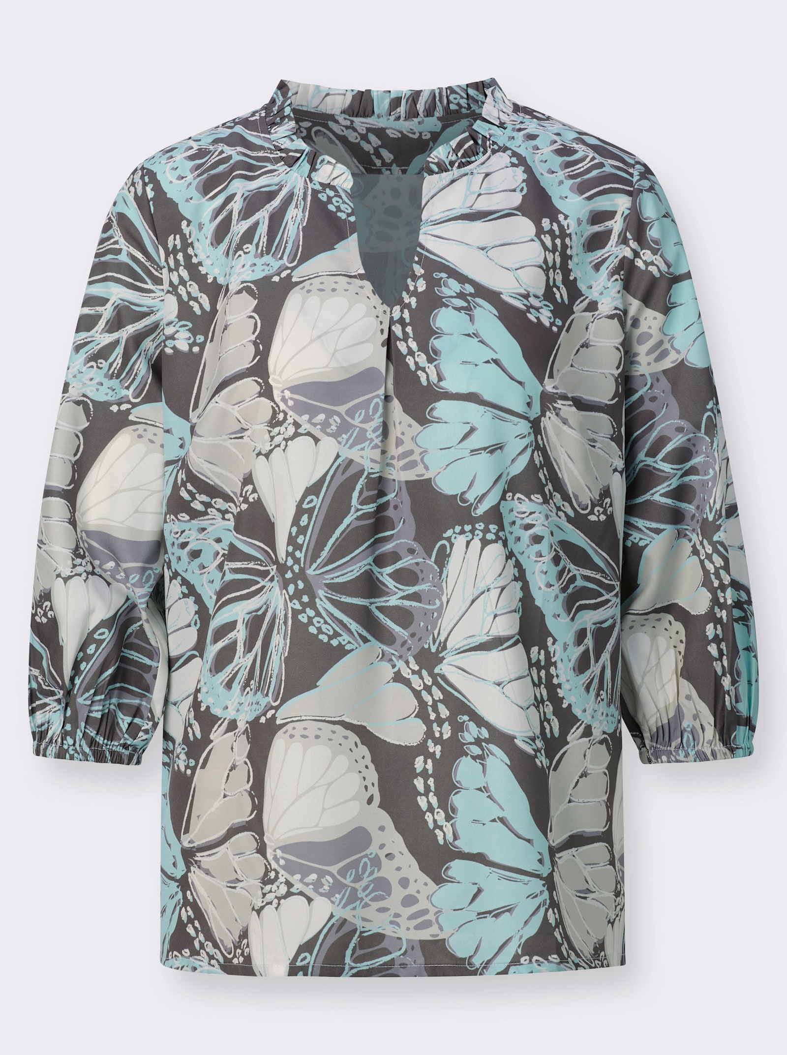 Schlupfbluse mit Schmetterlingsdruck - grau-kalkmint-bedruckt