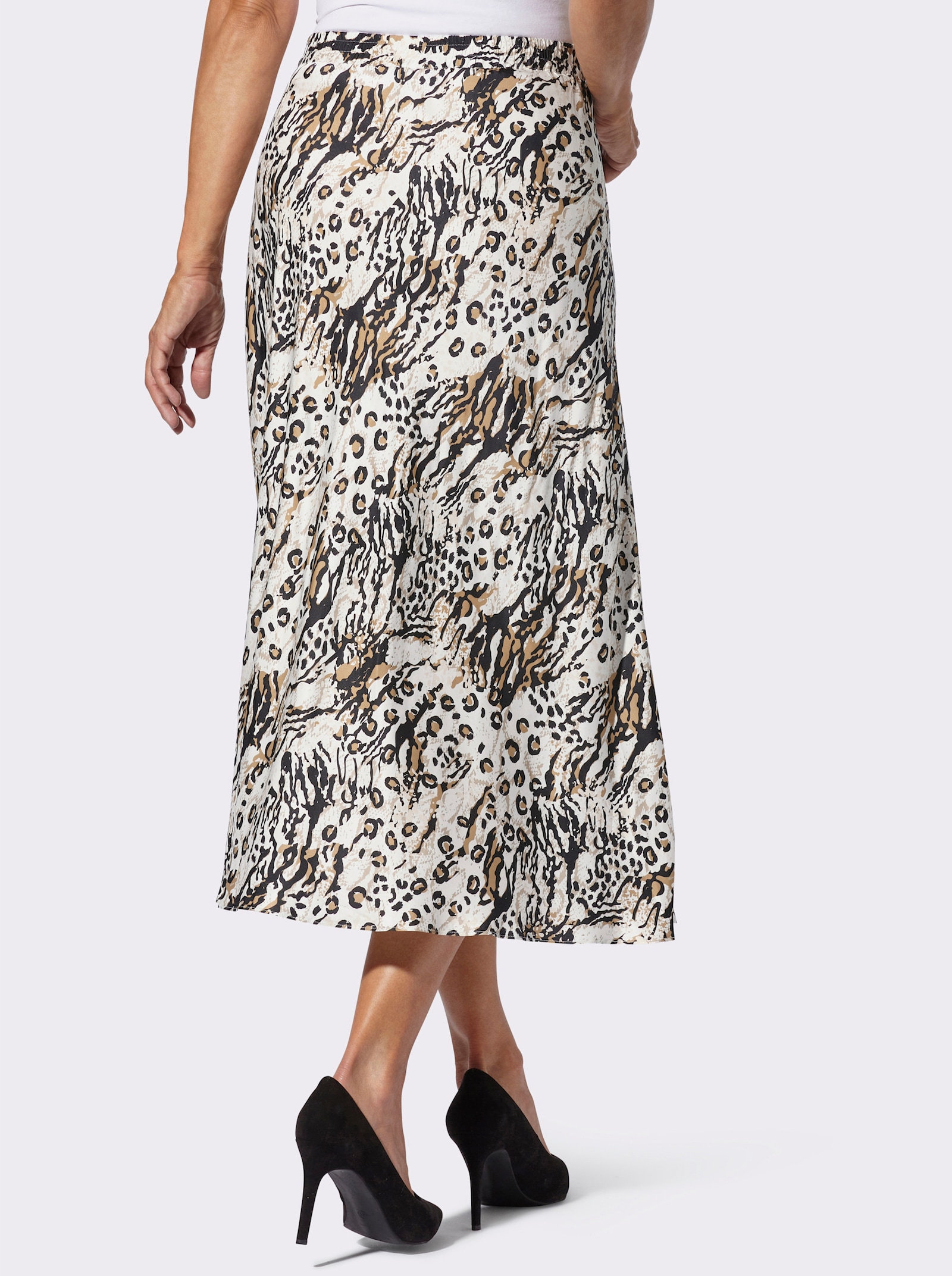 Satijnen rok met comfortband achter, licht uitlopend - ecru/zwart geprint