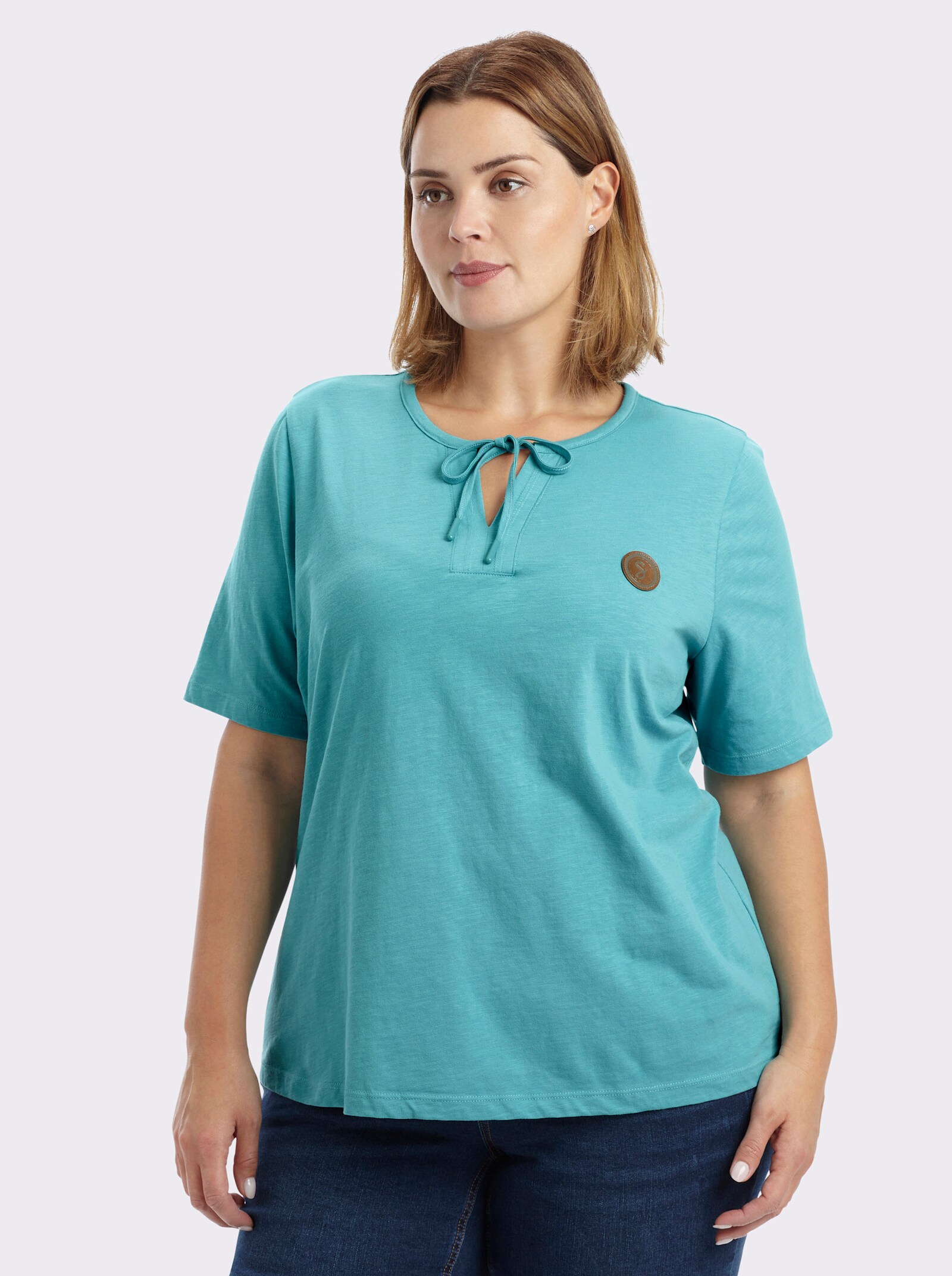 sheego Kurzarmshirt mit Bindeband am Ausschnitt - ozean