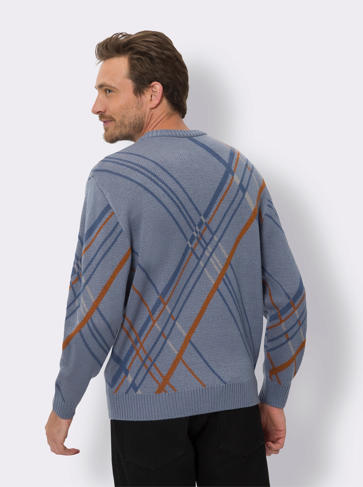 Rundhals-Pullover - taubenblau-cognac-gemustert