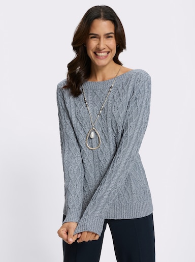 Strickpullover mit aufwendigem Zopfmuster - rauchblau-meliert