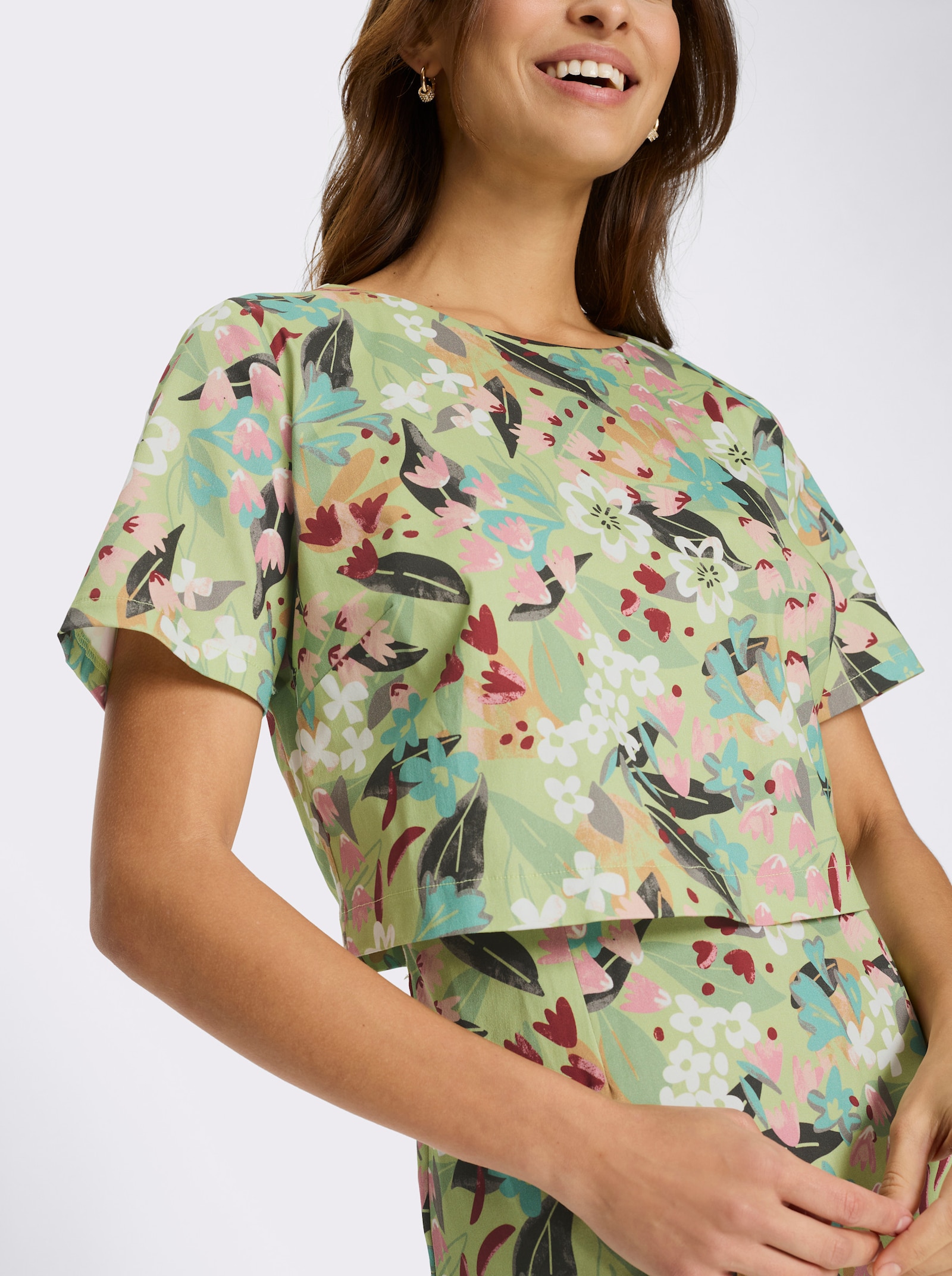 Druckkleid in 2-in-1-Optik - lindgrün-altrosa-bedruckt