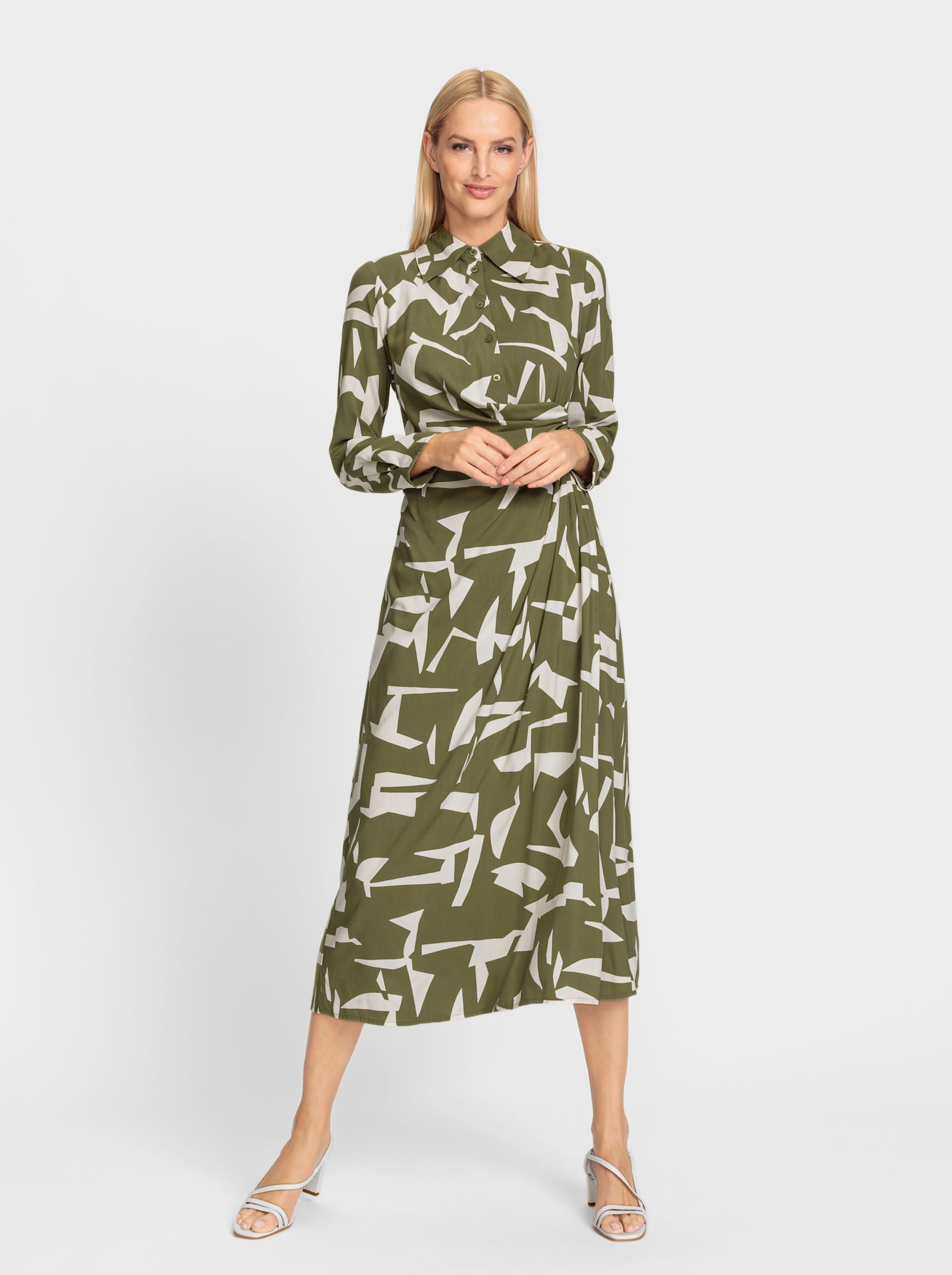 heine Maxi-jurk van pure viscose - olijf/champagne gedessineerd