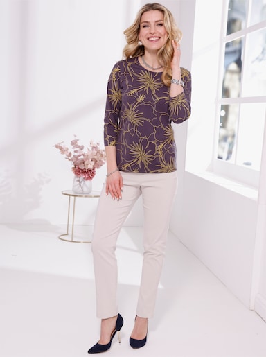3/4-Arm-Shirt mit goldfarbenem Blütendruck - aubergine-goldfarben-bedruckt