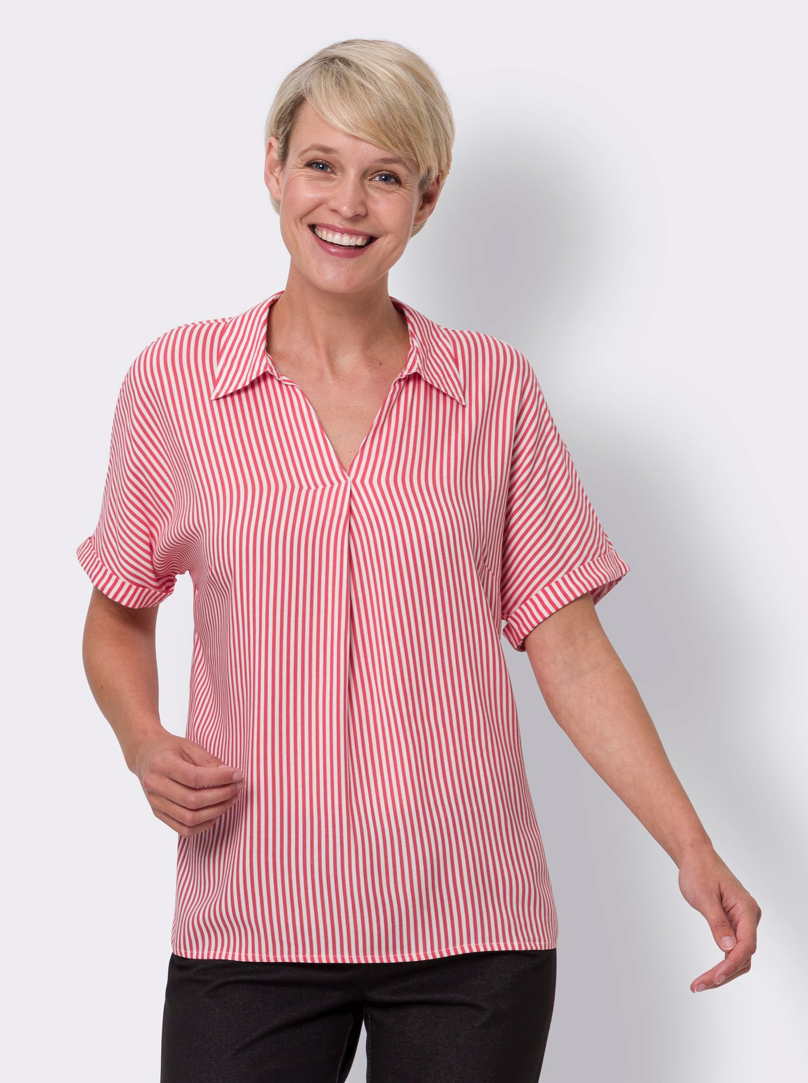 Schlupfbluse mit garngefärbtem Streifenmuster - grapefruit-weiß-gestreift