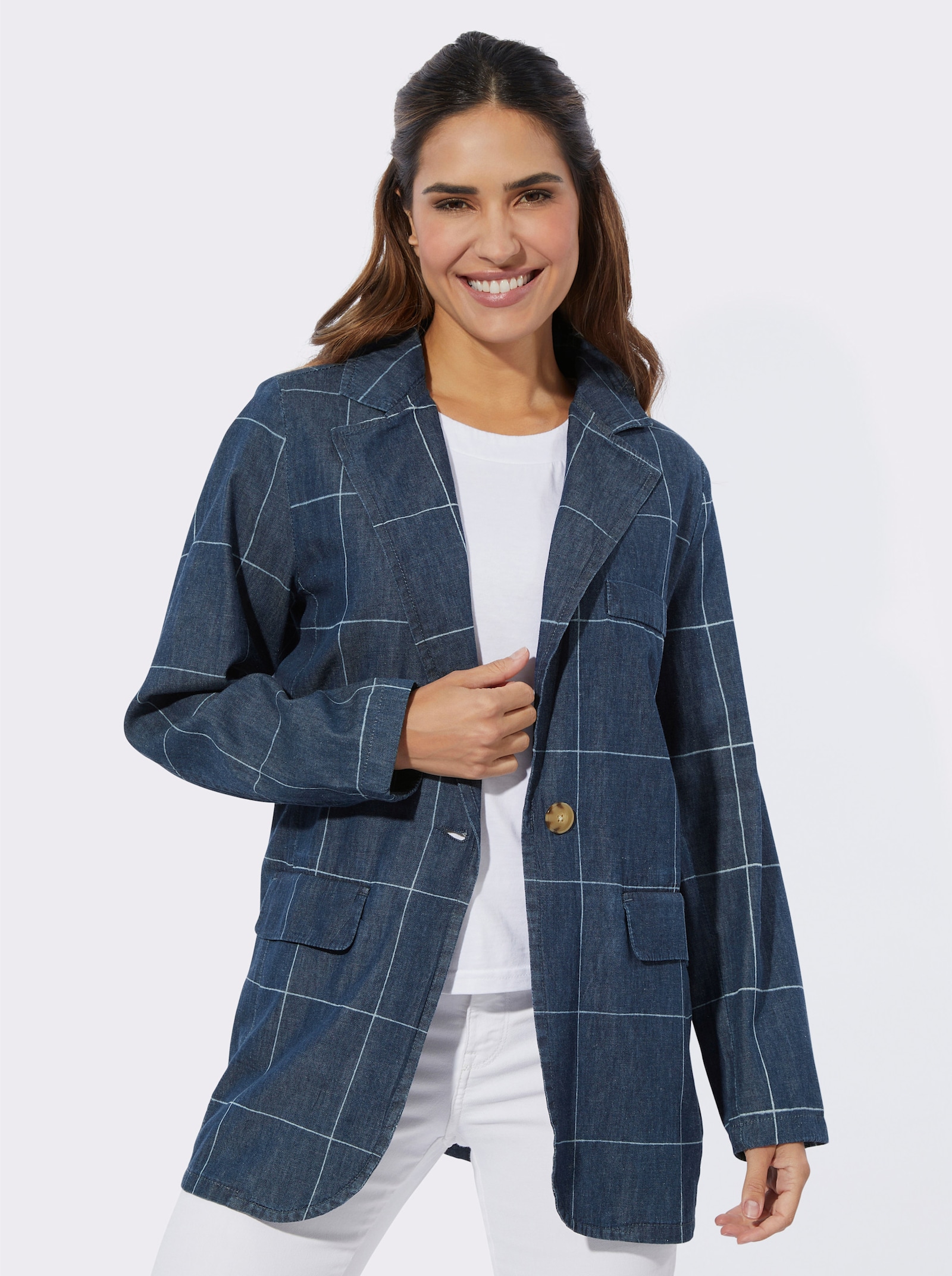 Jeansblazer mit großem Karo-Dessin - blue-stone-washed