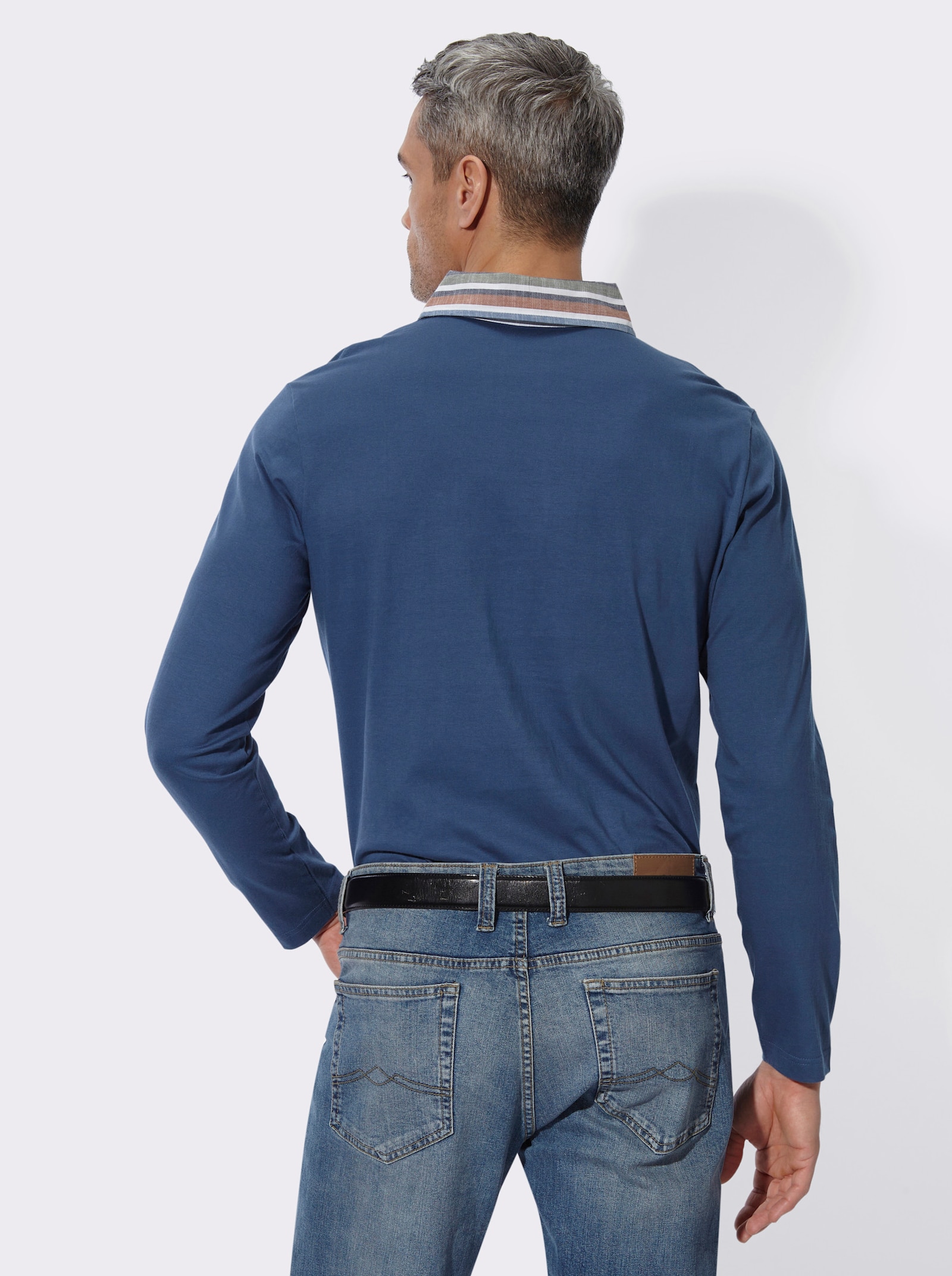 Langarm-Poloshirt mit gewebtem Kragen - jeansblau