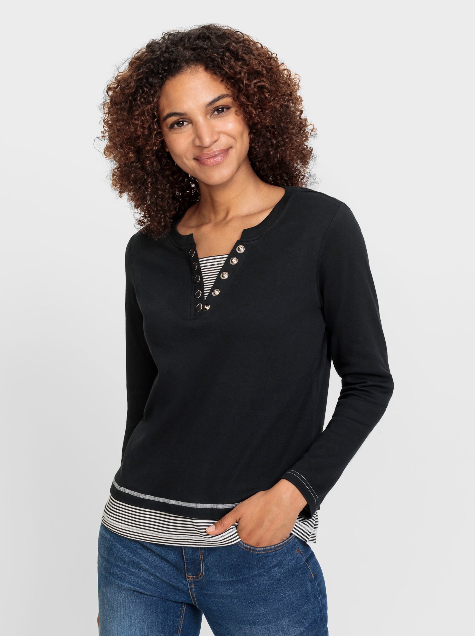 Rundhalsshirt mit gestreiften Einsätzen - schwarz-ecru-geringelt