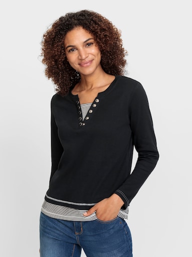 Rundhalsshirt mit gestreiften Einsätzen - schwarz-ecru-geringelt