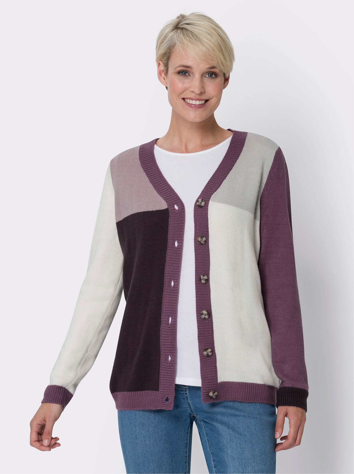 Pletený kabátek - lilková-fialová-vzor