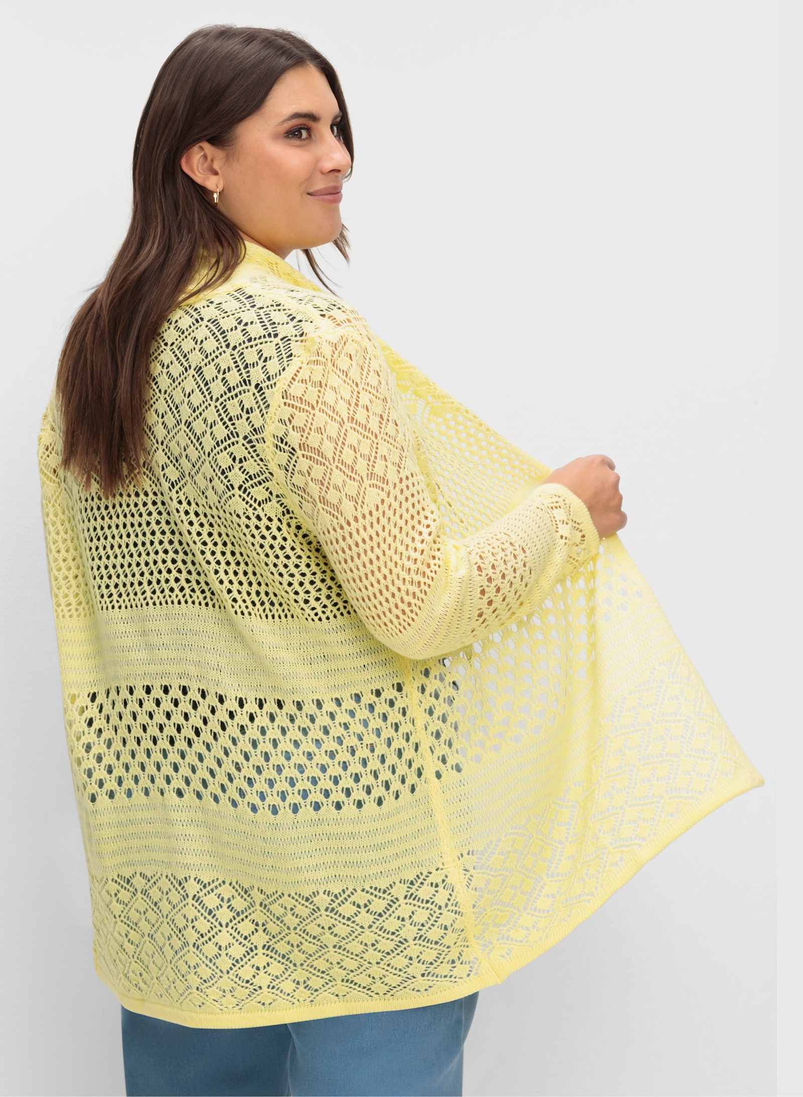 Ajourstrickjacke in langer, offener Form - zitrone