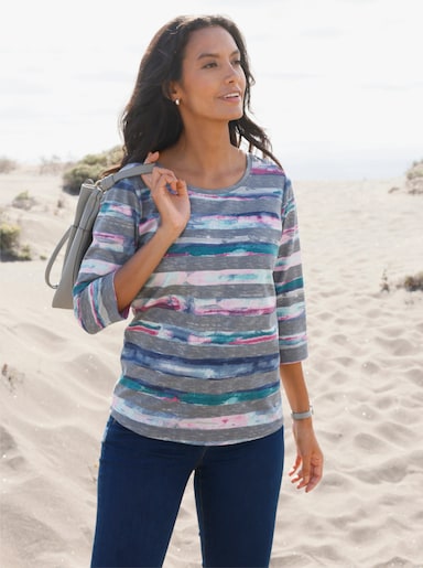 Rundhalsshirt im Ringel-Druckmuster - steingrau-aquapetrol-bedruckt