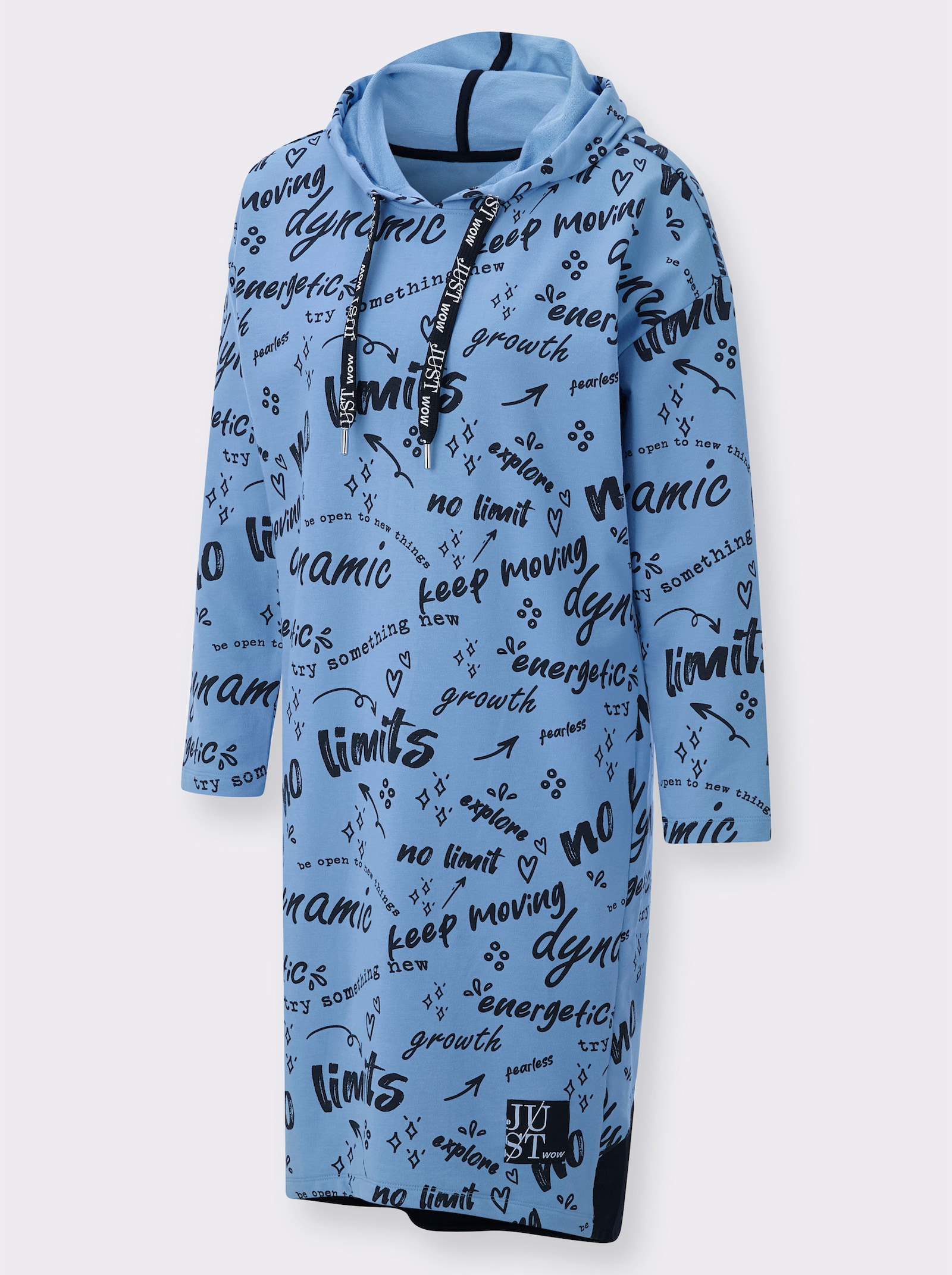 Hoodykleid mit Schriftzügen rundum - himmelblau-schwarz-bedruckt