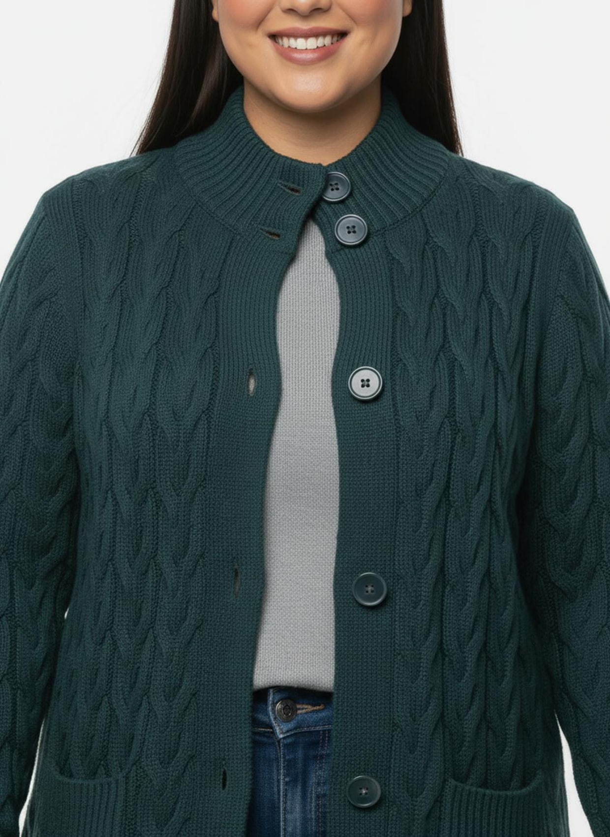 Longstrickjacke mit Zopfmuster - petrol