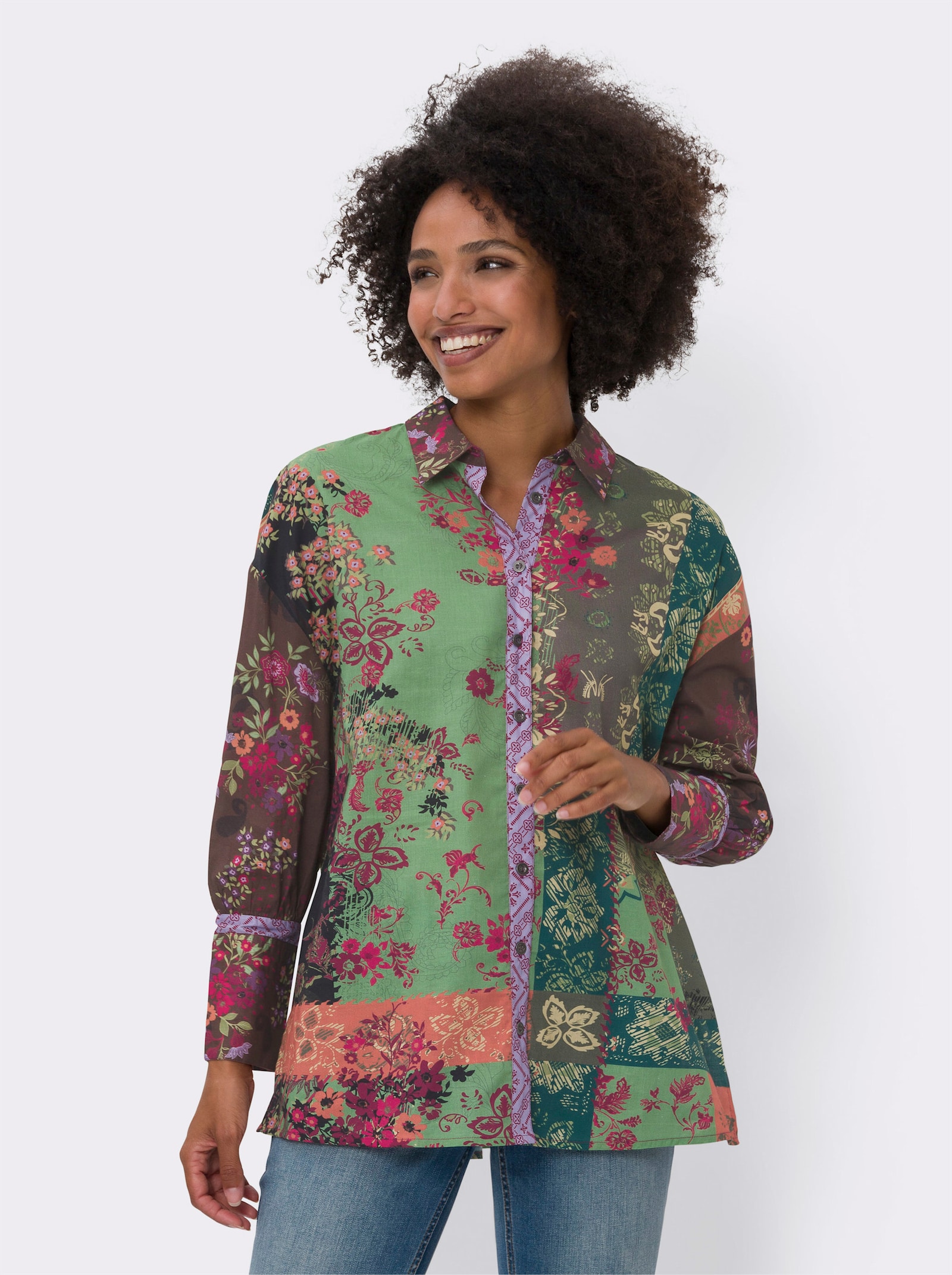 heine Druckbluse mit Knopfleiste - erdbeere-schilf-bedruckt