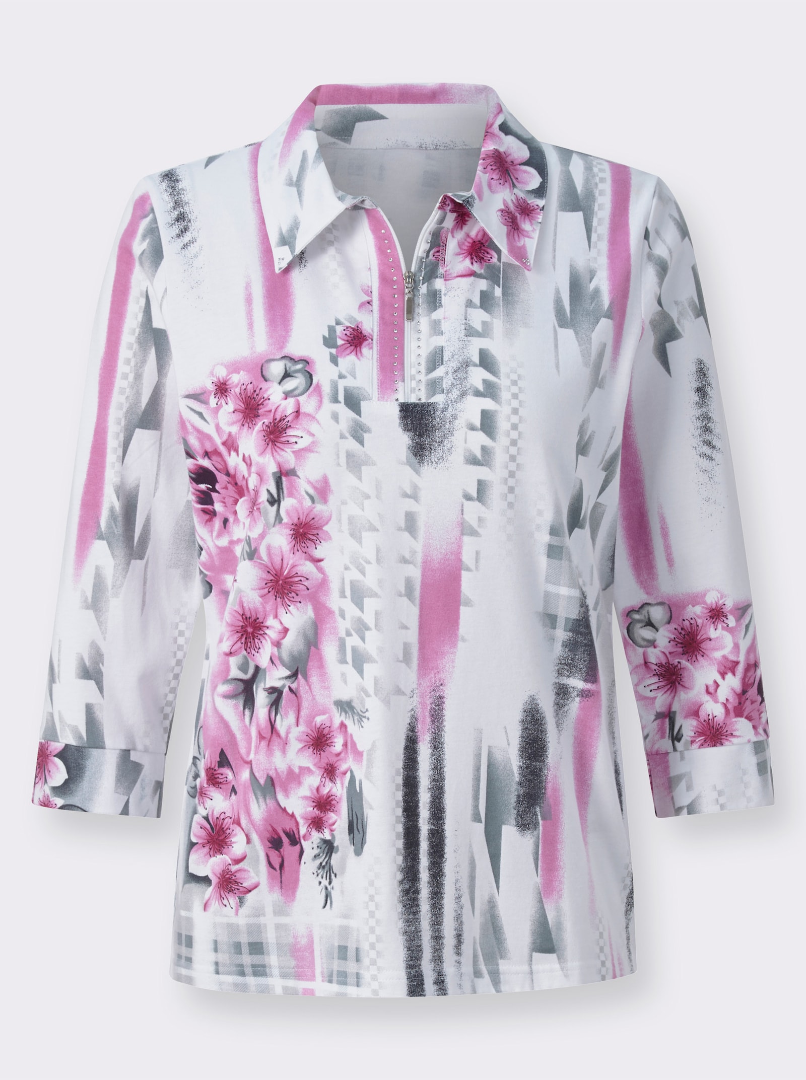 Poloshirt met versiering van glittersteentjes - malve/steengrijs bedrukt