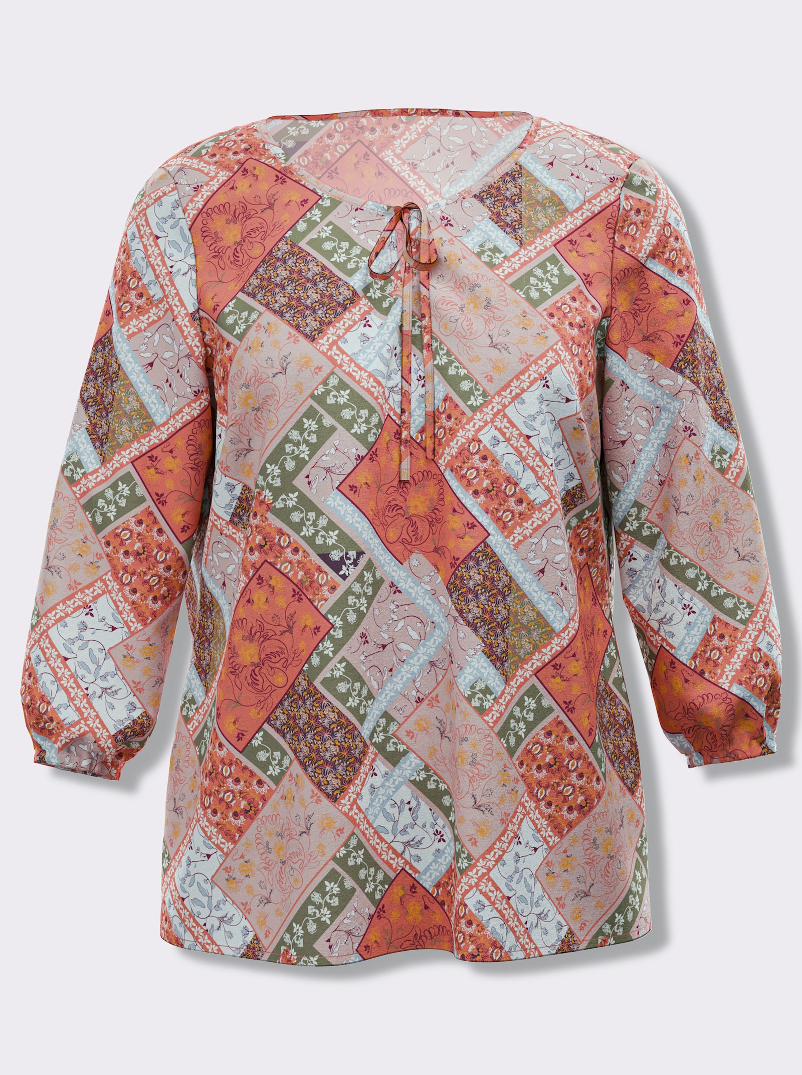 Druckbluse mit Patchwork-Muster - papaya-khaki-bedruckt