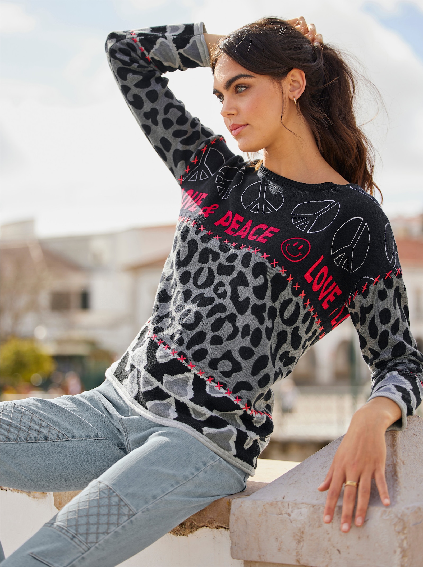 heine Pullover van fijntricot met opschrift - zwart/grijs gedessineerd