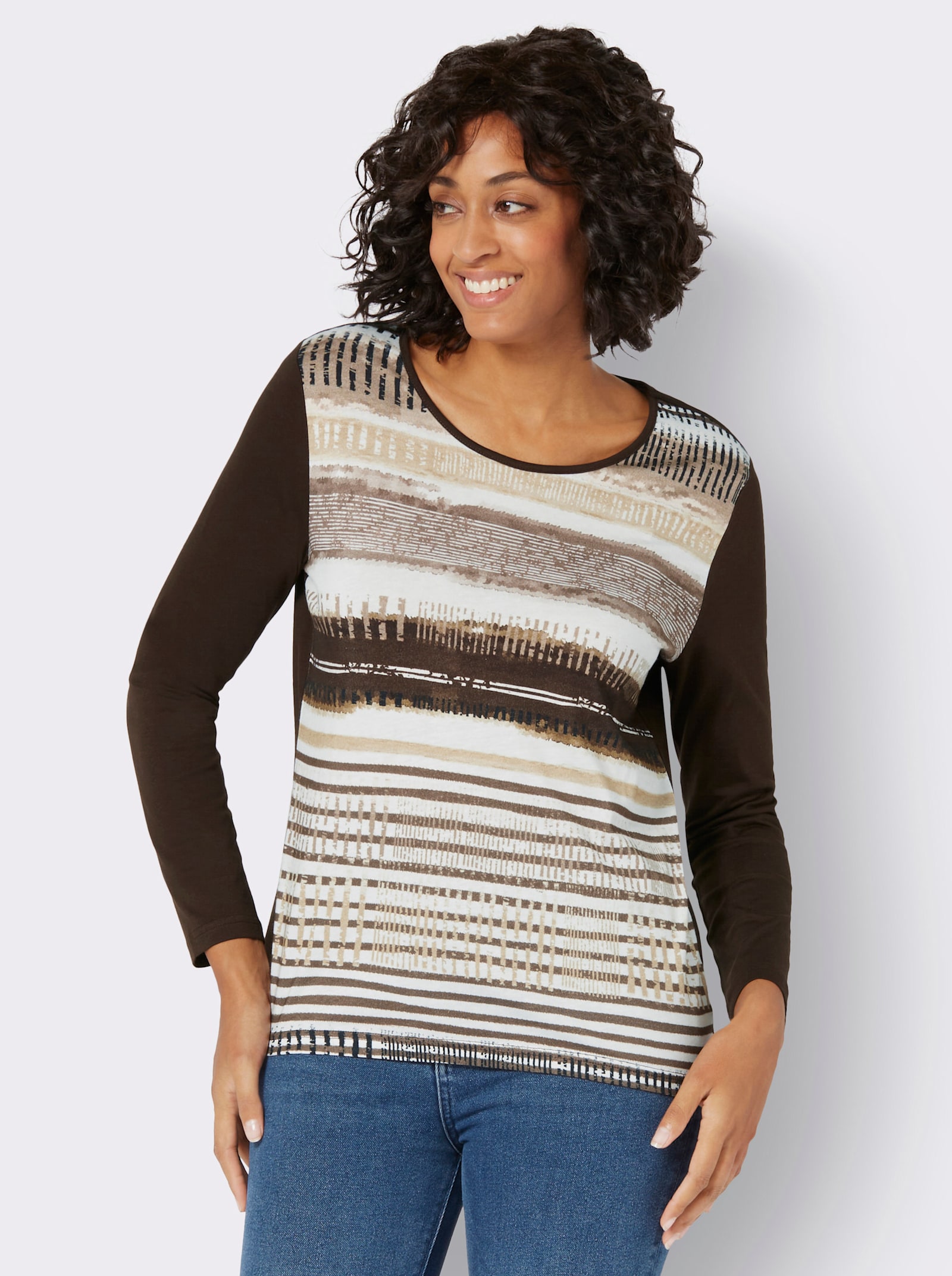 Shirt met lange mouwen en grafisch patroon voor - mokka gestreept