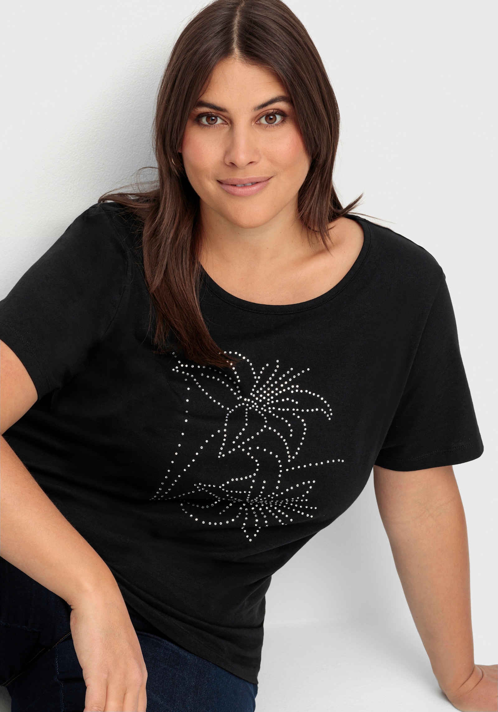 Kurzarmshirt mit Steinchen verziert - schwarz