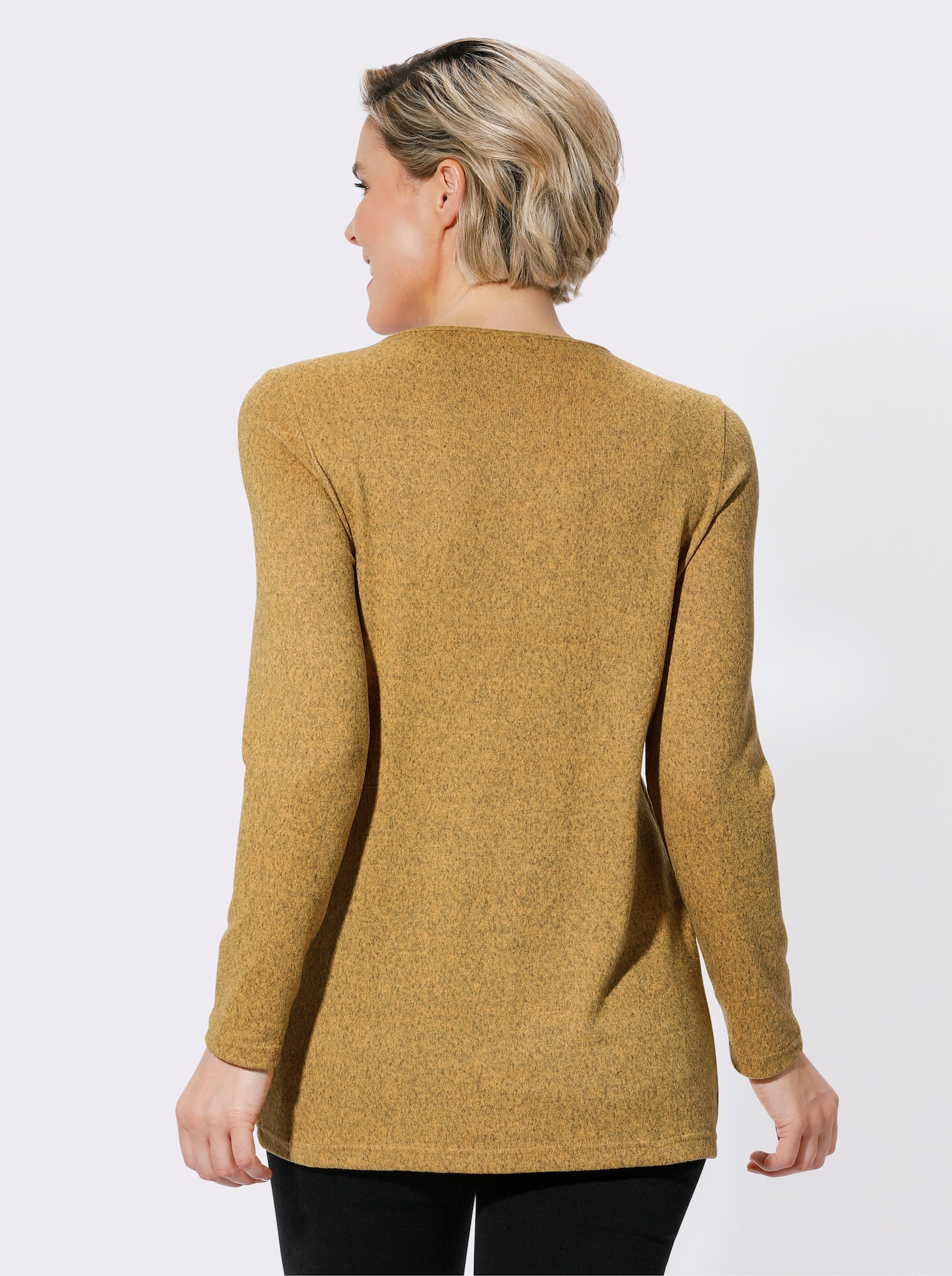 Langarmshirt in angerauter Qualität - ocker-schwarz-meliert