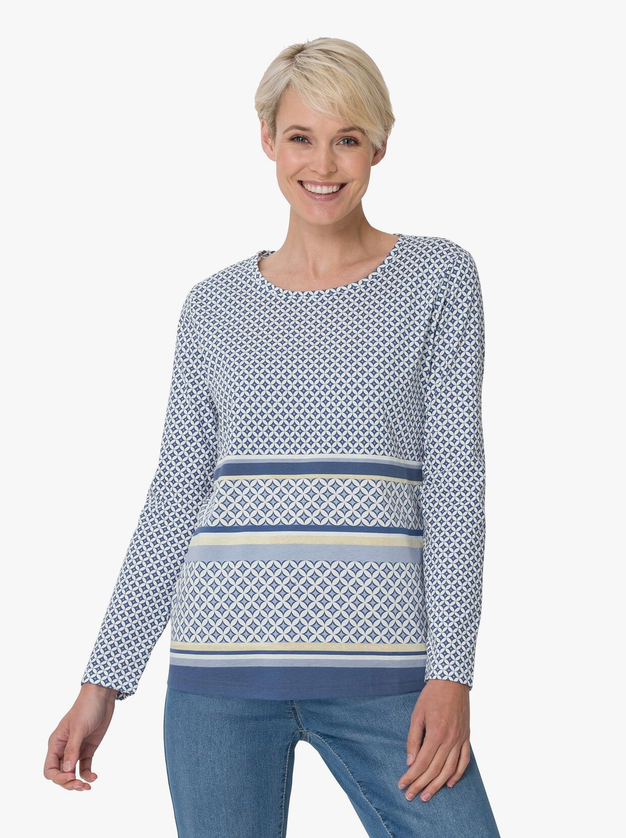 Langarmshirt - jeansblau-vanille-bedruckt