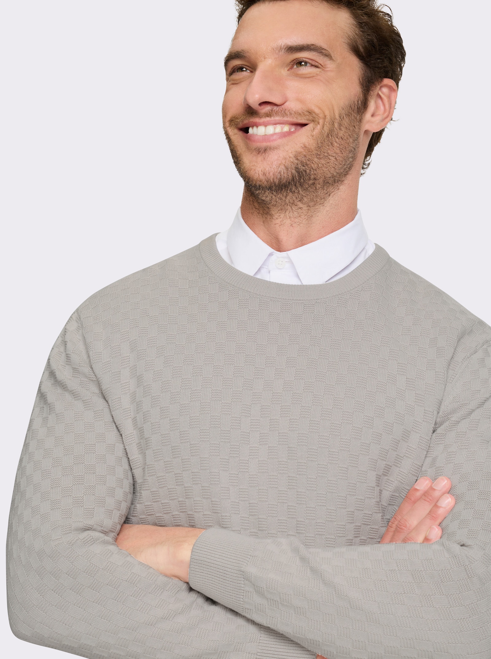 Marco Donati Rundhalspullover im Schachbrett-Muster rundum - hellgrau